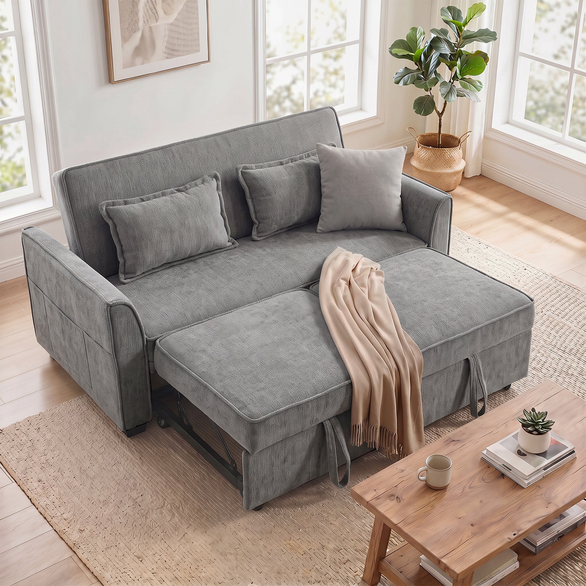 2 Seater Sofa Bed, 4-in-1 L Shaped Convertible Pull Out Sleeper Sofa with Adjustable Backrest, Chenille Loveseat with 2 Pillows, Wide Deep Seat, Side Pockets for Living Room, Grey