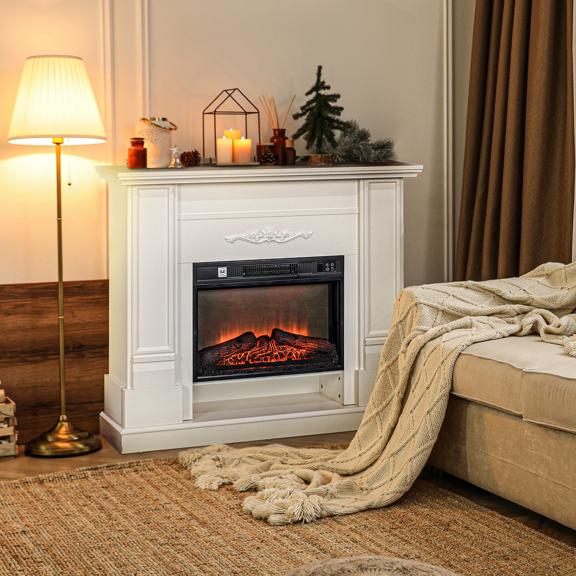HOMCOM 46" Electric Fireplace with Mantel and Shelf, 1400W Freestanding Fireplace Heater with Realistic Log and Flame Effect, Remote Control, 6H Timer, for Living Room, White