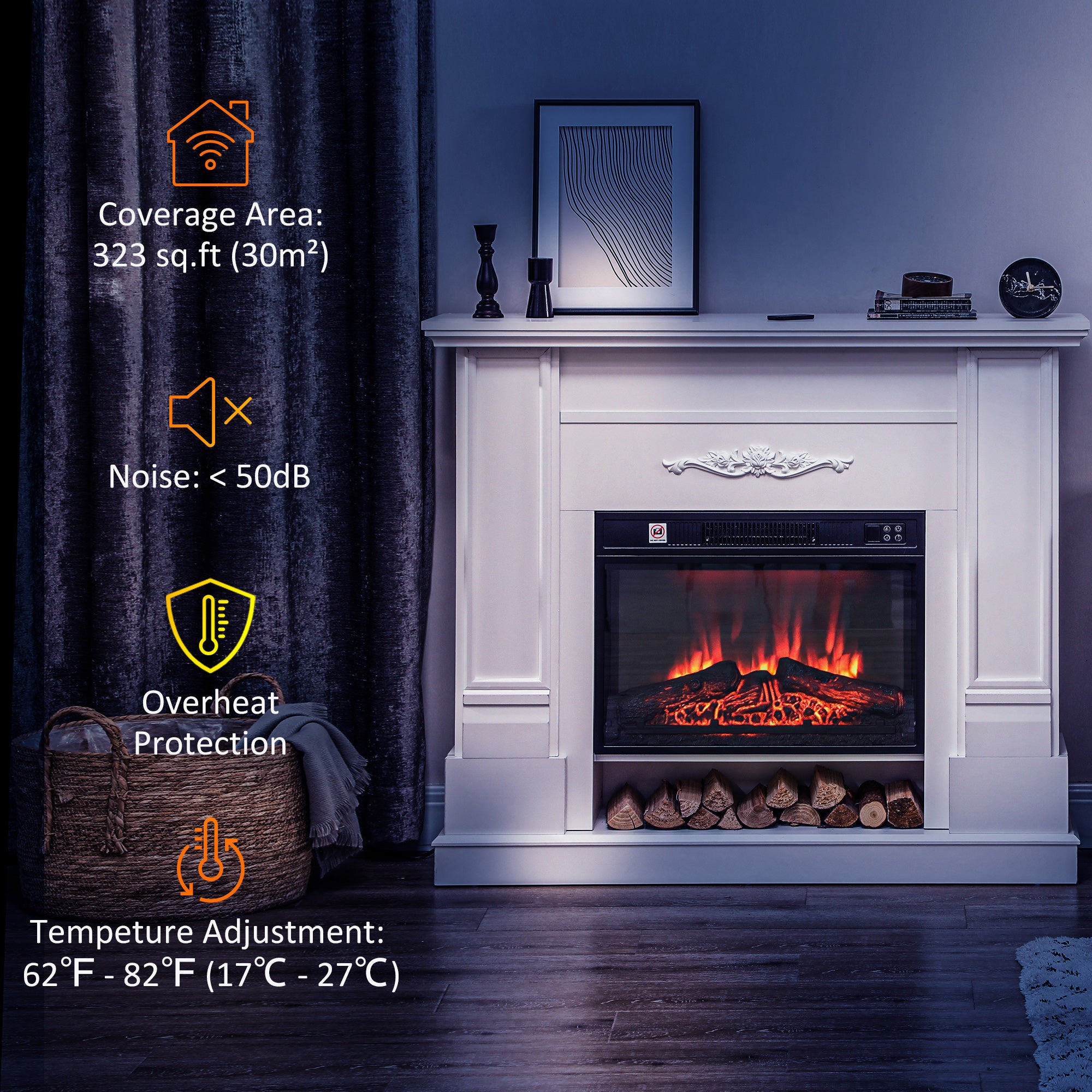HOMCOM 46" Electric Fireplace with Mantel and Shelf, 1400W Freestanding Fireplace Heater with Realistic Log and Flame Effect, Remote Control, 6H Timer, for Living Room, White