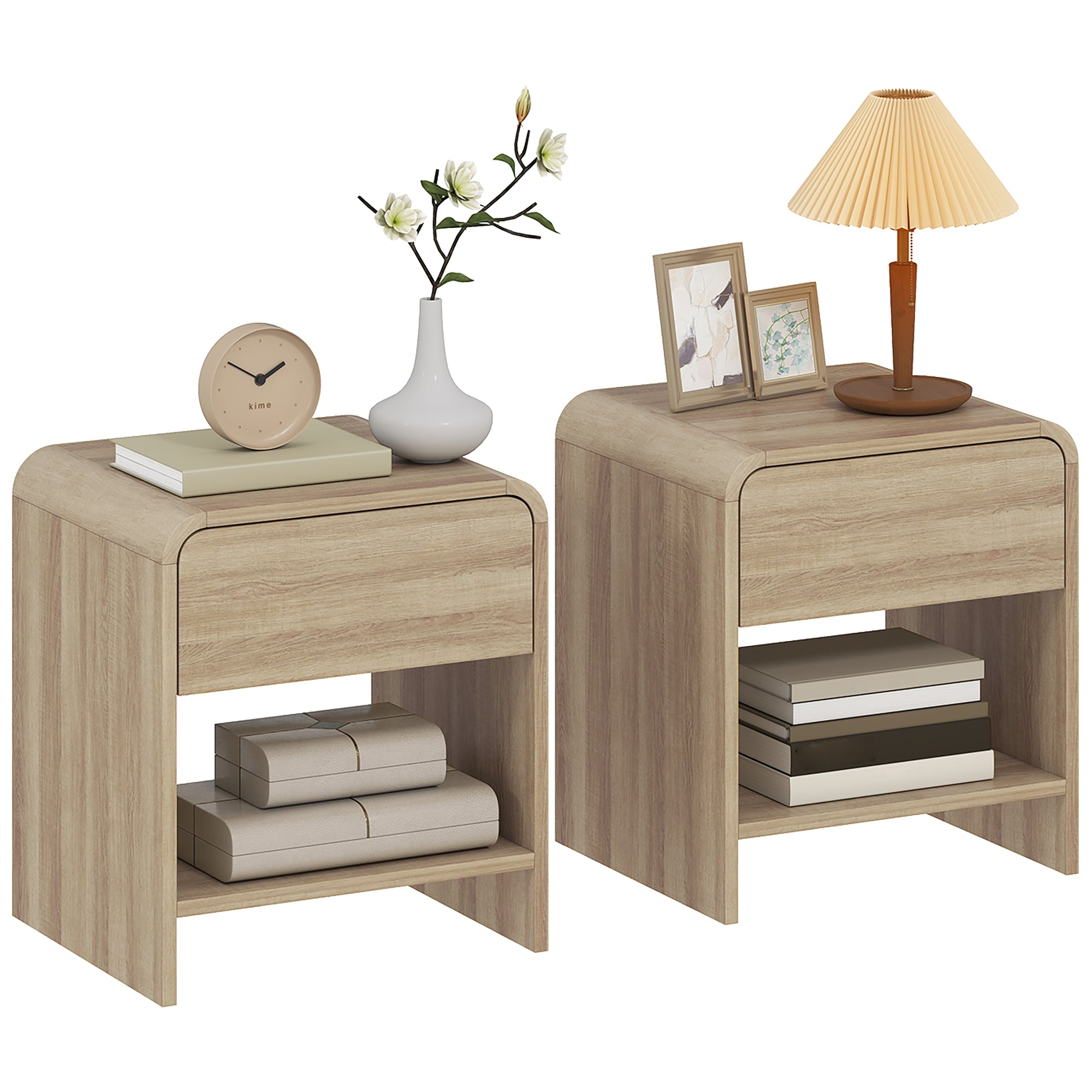 Bedside Tables Set of 2, Modern Nightstands with Rounded Corners, Space-Saving Side Table with Drawer and Open Shelf for Living Room, Bedroom, Natural Wood