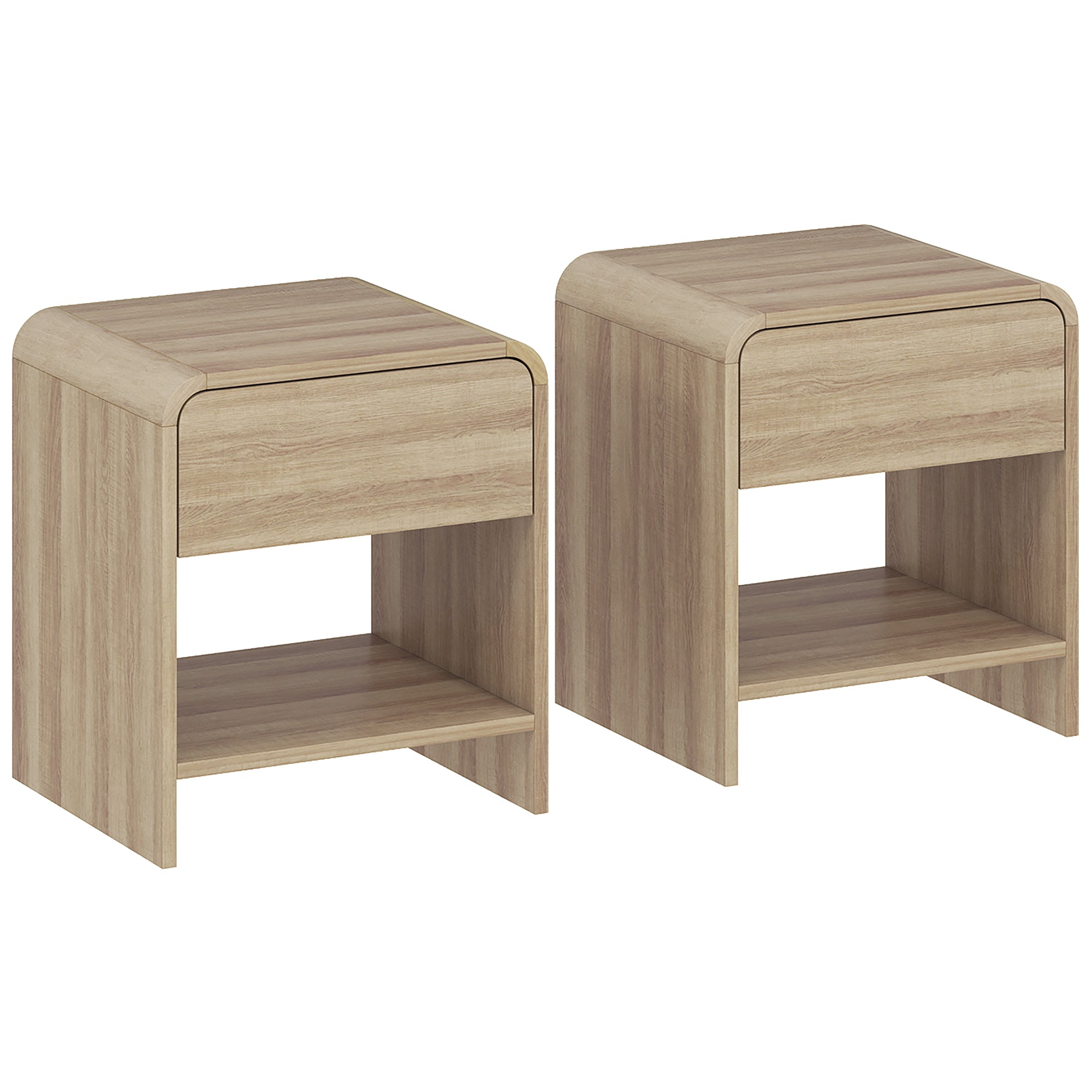 Bedside Tables Set of 2, Modern Nightstands with Rounded Corners, Space-Saving Side Table with Drawer and Open Shelf for Living Room, Bedroom, Natural Wood