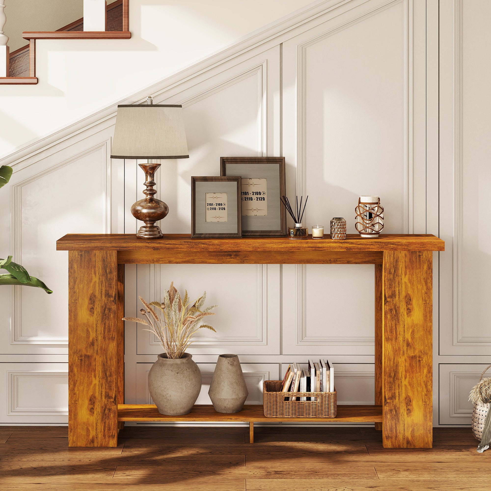 Farmhouse Console Table, 63" Narrow Entryway Table with Storage Shelf and Thickened Tabletop for Living Room, Hallway, Entrance, Distressed Brown