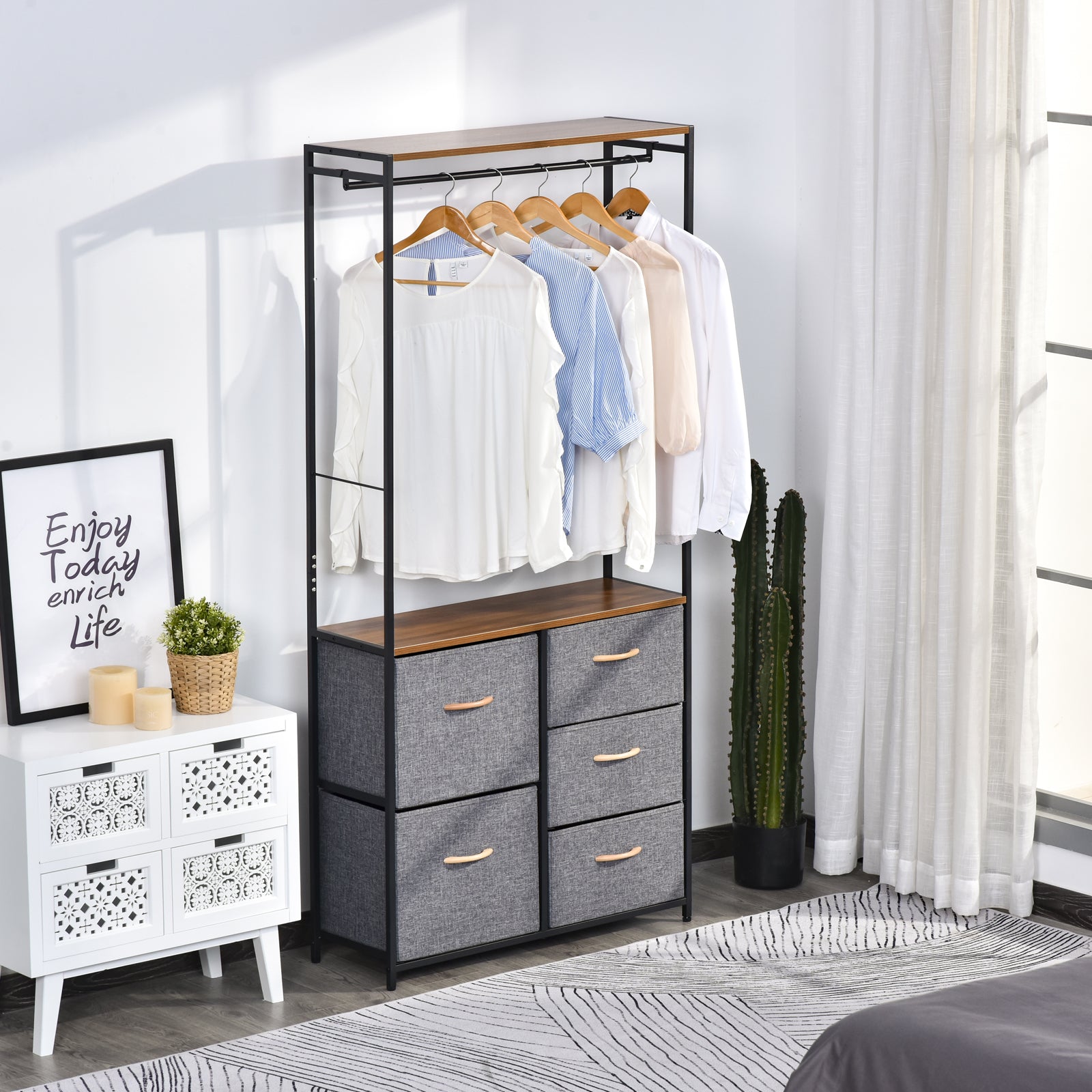Chest of Drawers with Coat rack Steel Frame 5 Drawers  Bedroom Hallway Home Furniture Black Brown