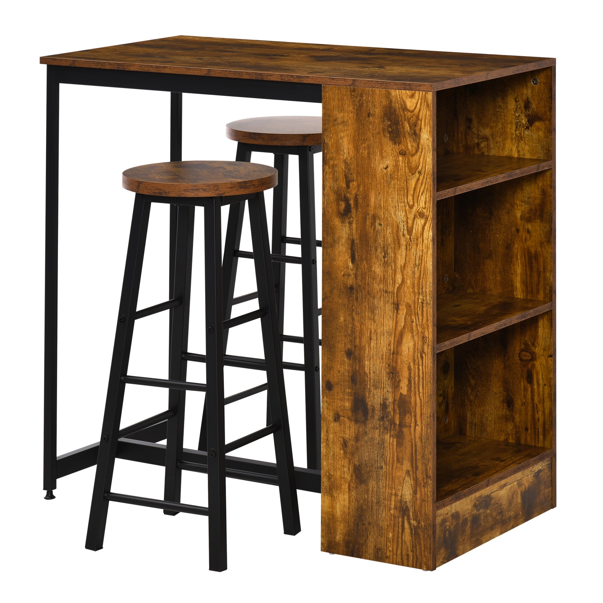 3 Piece Industrial Small Dining Table Set, Counter Height Bar Table & Stools Set with Storage Shelf, Rustic Brown