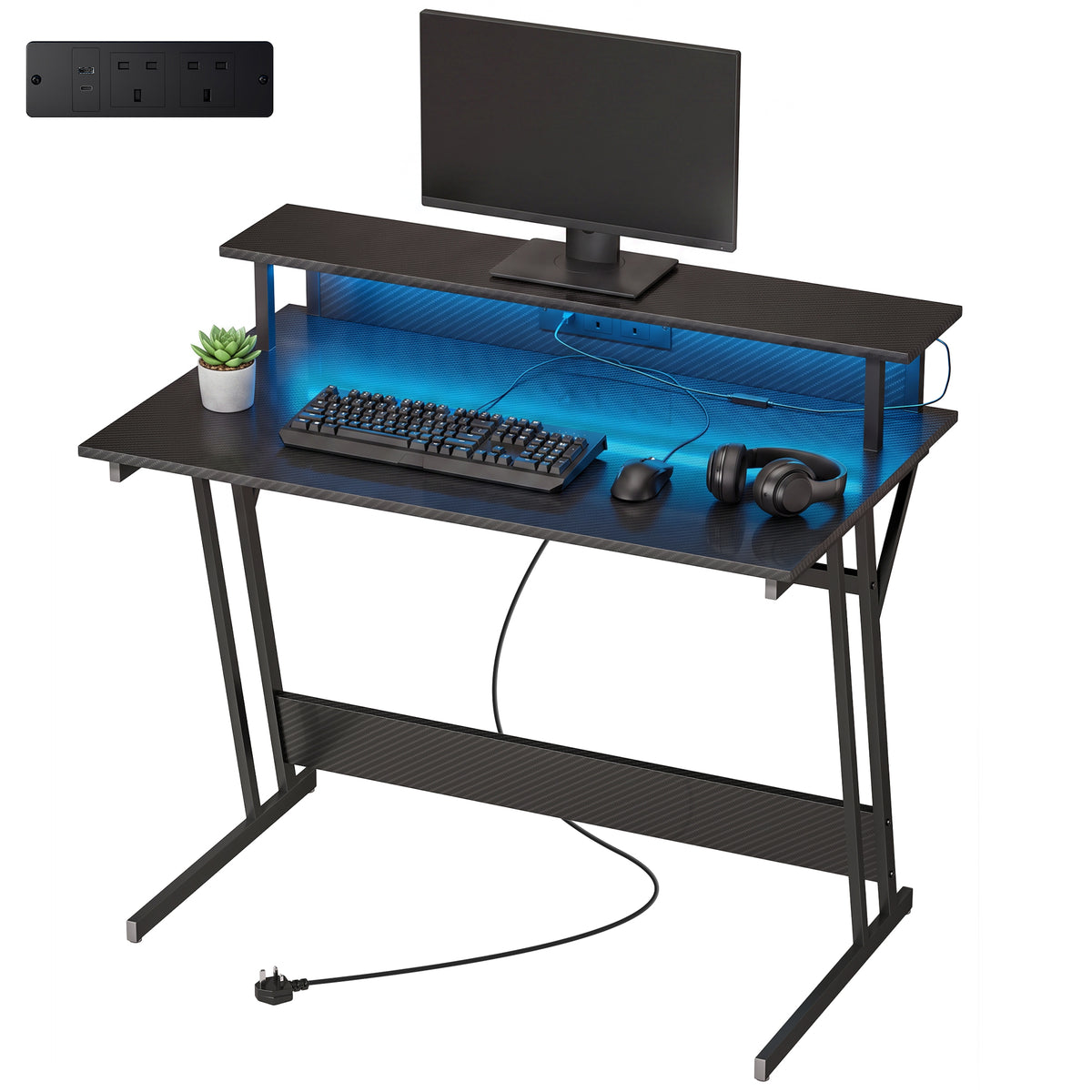 Gaming Desk with LED Lights and Power Outlets, 100 x 60cm Z Shaped Computer Desk with Monitor Stand and Steel Frame, PC Gaming Table for Home Office, Black