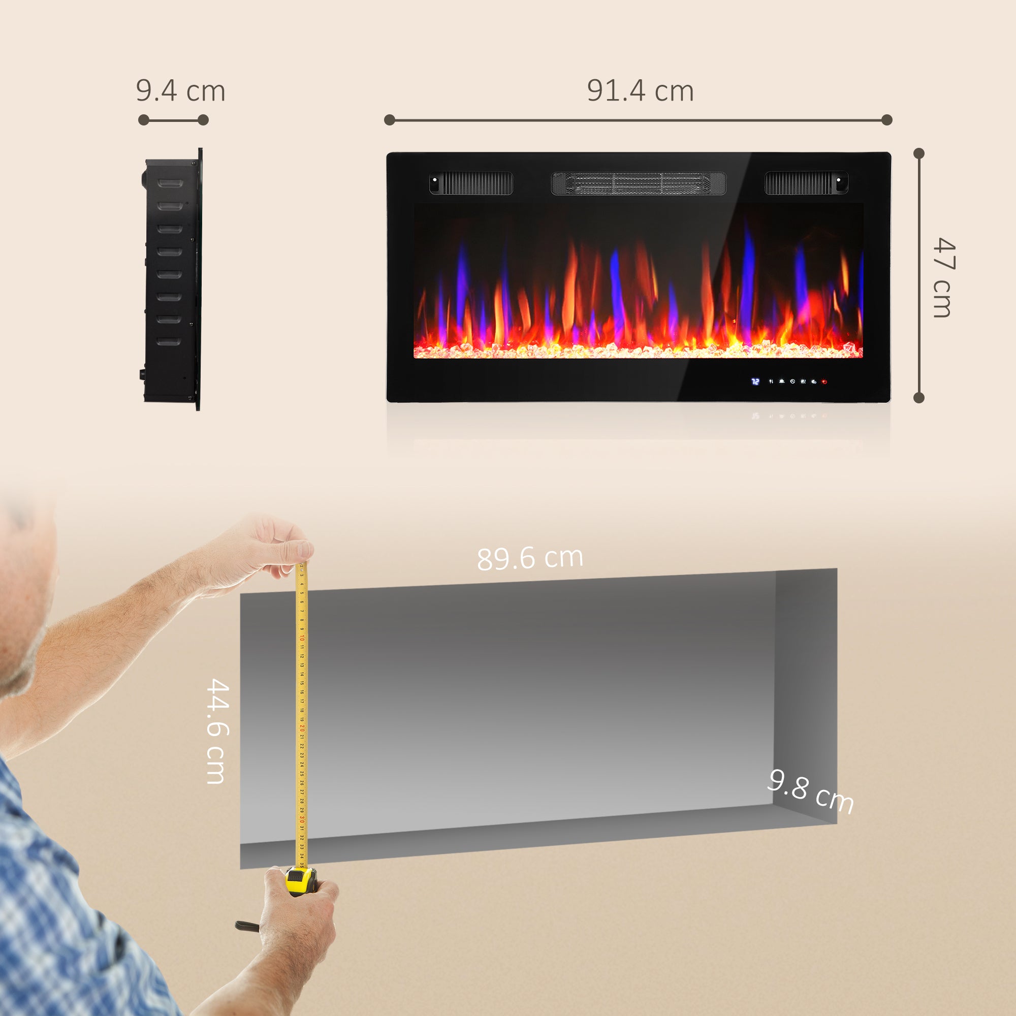 91cm/36" Electric Fireplace, Ultra-Slim Wall Mounted and Recessed Electric Fire Heater with Adjustable Flame and Thermostat, Eco Mode, Auto Switch, Weekly and 24H Timer, Remote, 900W/1800W