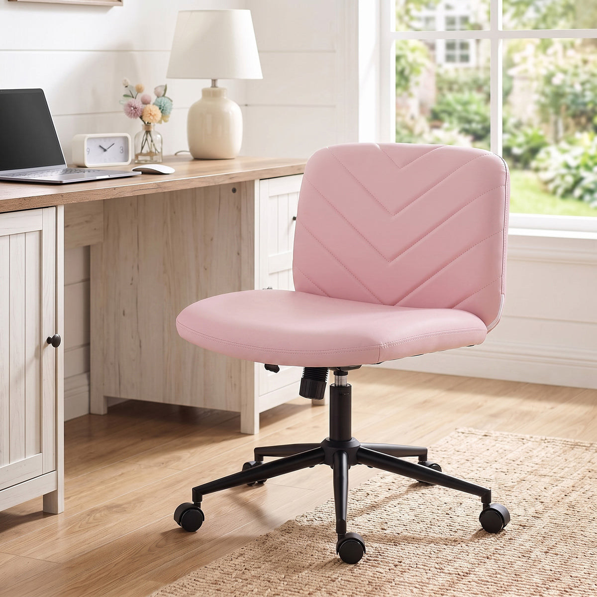 Criss Cross Legged Office Chair with Wide Seat, Swivel Desk Chair with Wheels, Rocking Function, Backrest, Adjustable Height, High-Density Foam, Computer Seat for Home Office, Bedroom, Pink
