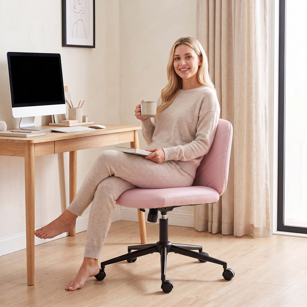 Criss Cross Legged Office Chair with Wide Seat, Swivel Desk Chair with Wheels, Rocking Function, Backrest, Adjustable Height, High-Density Foam, Computer Seat for Home Office, Bedroom, Pink