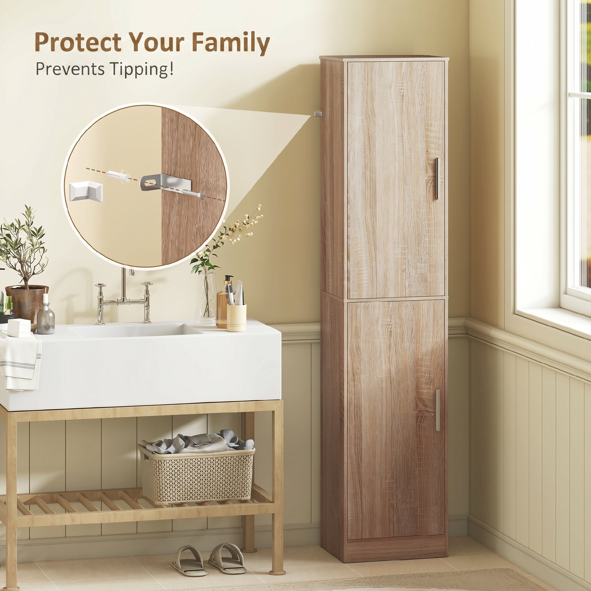 71" Tall Bathroom Cabinet, Slim 6-Tier Bathroom Floor Cabinet with 2 Doors, 4 Adjustable Shelves, Standing Storage Unit for Small Spaces, Living Room, Kitchen, Natural Wood
