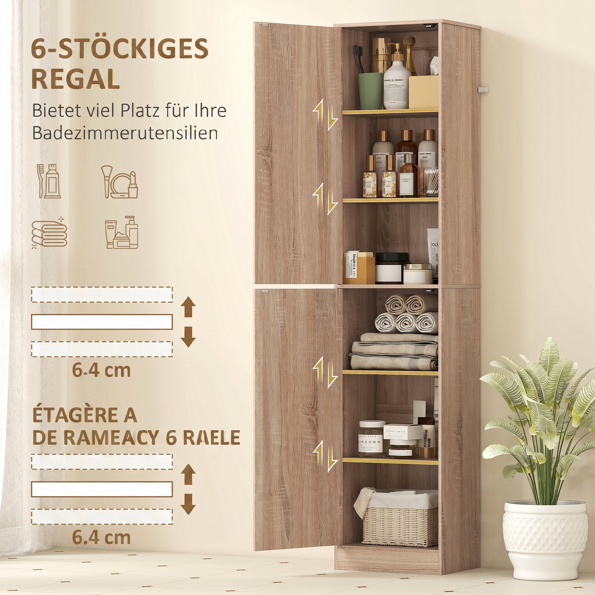 71" Tall Bathroom Cabinet, Slim 6-Tier Bathroom Floor Cabinet with 2 Doors, 4 Adjustable Shelves, Standing Storage Unit for Small Spaces, Living Room, Kitchen, Natural Wood