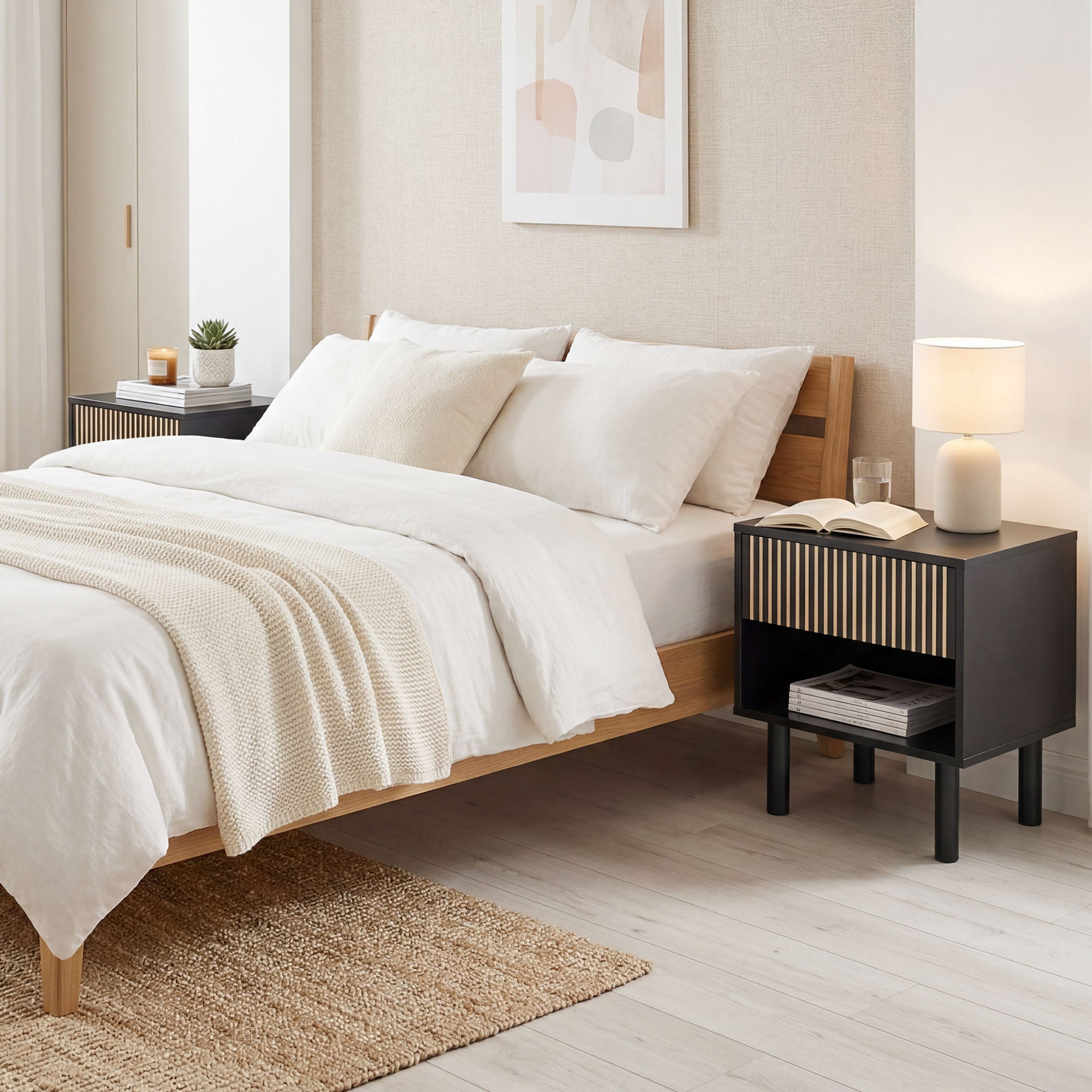 Modern Nightstand, Bedside Table with Drawer and Open Shelf, Side End Table for Bedroom, Black