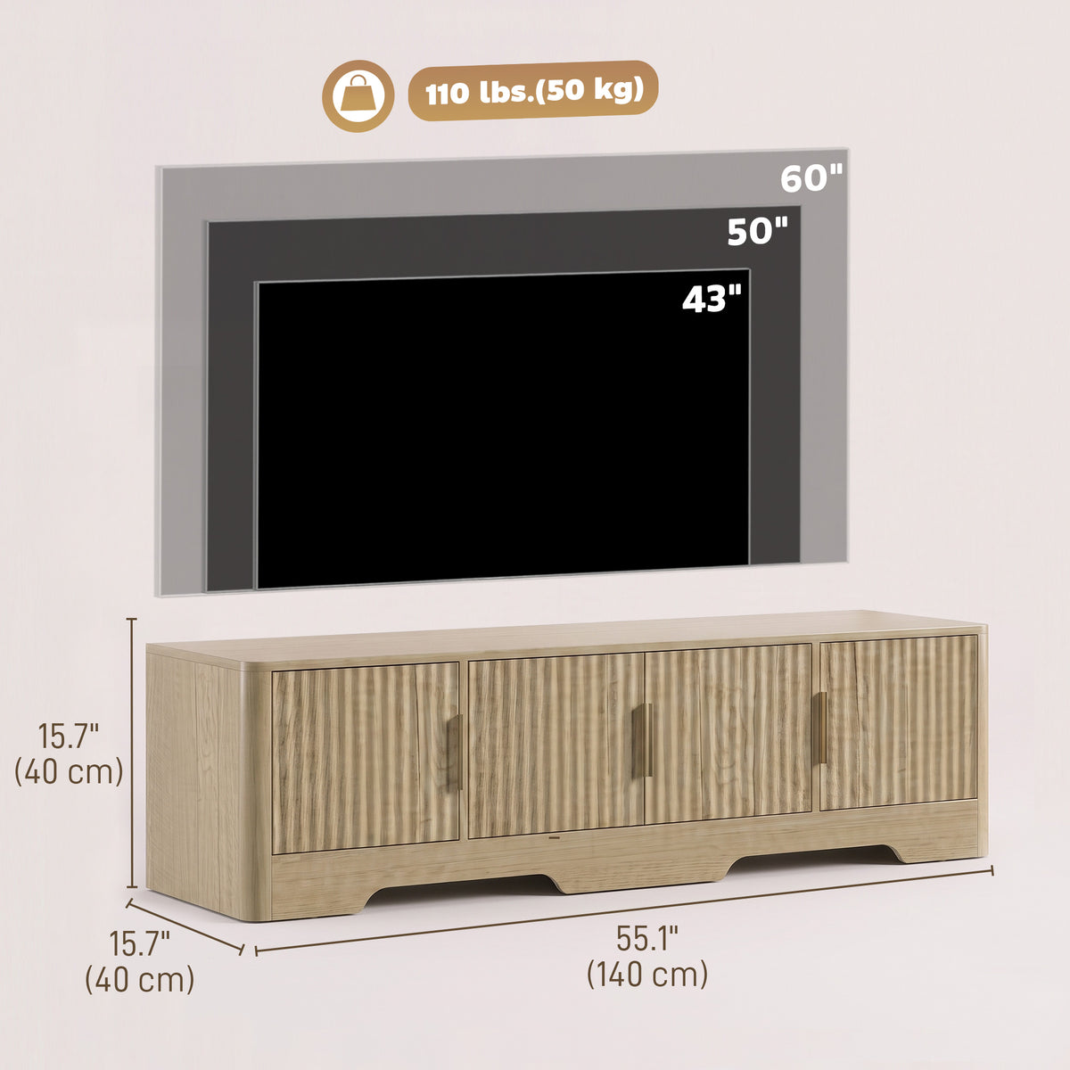 TV Stand for TVs up to 60", Modern Entertainment Center with Fluted Doors, Media Console Table with 3 Cabinets, Adjustable Shelf and Cable Management for Living Room, Oak