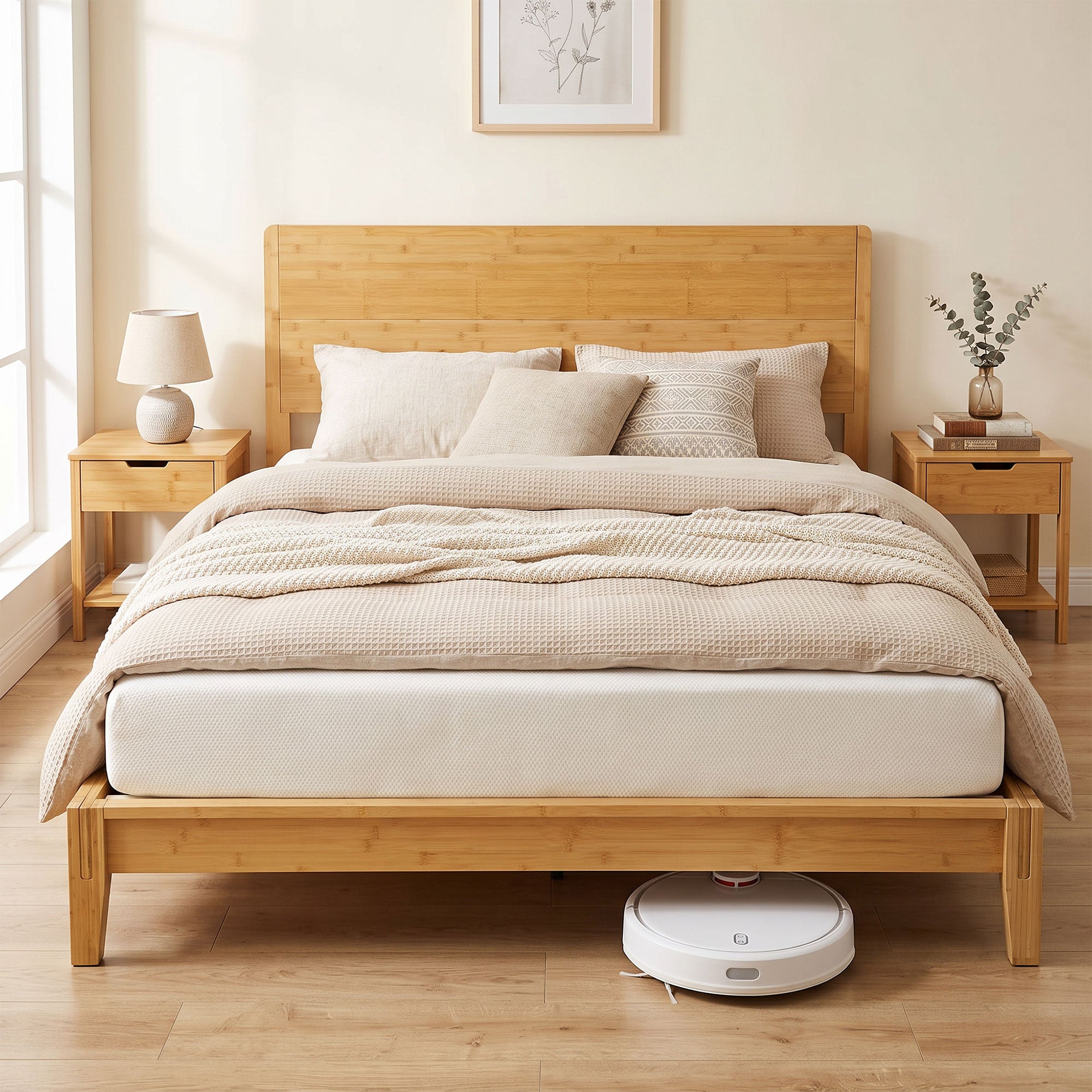 Queen Size Bamboo Platform Bed Frame with Headboard, Bed Frame with 12 Poplar Slats, No Box Spring Needed, Easy Assembly, Natural