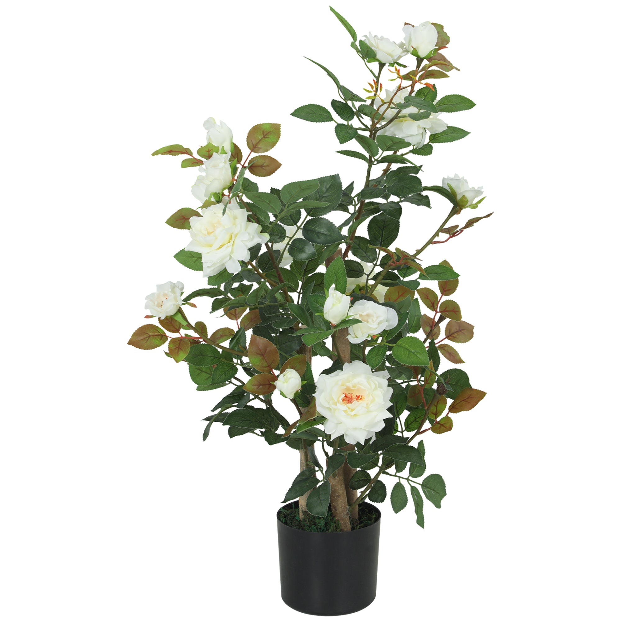 90cm Artificial Rose Tree, Decorative Fake Plant with 344 Silk Leaves and 17 Flowers, UV-Resistant Faux Tree for Outdoor Indoor Garden Porch Decor, White