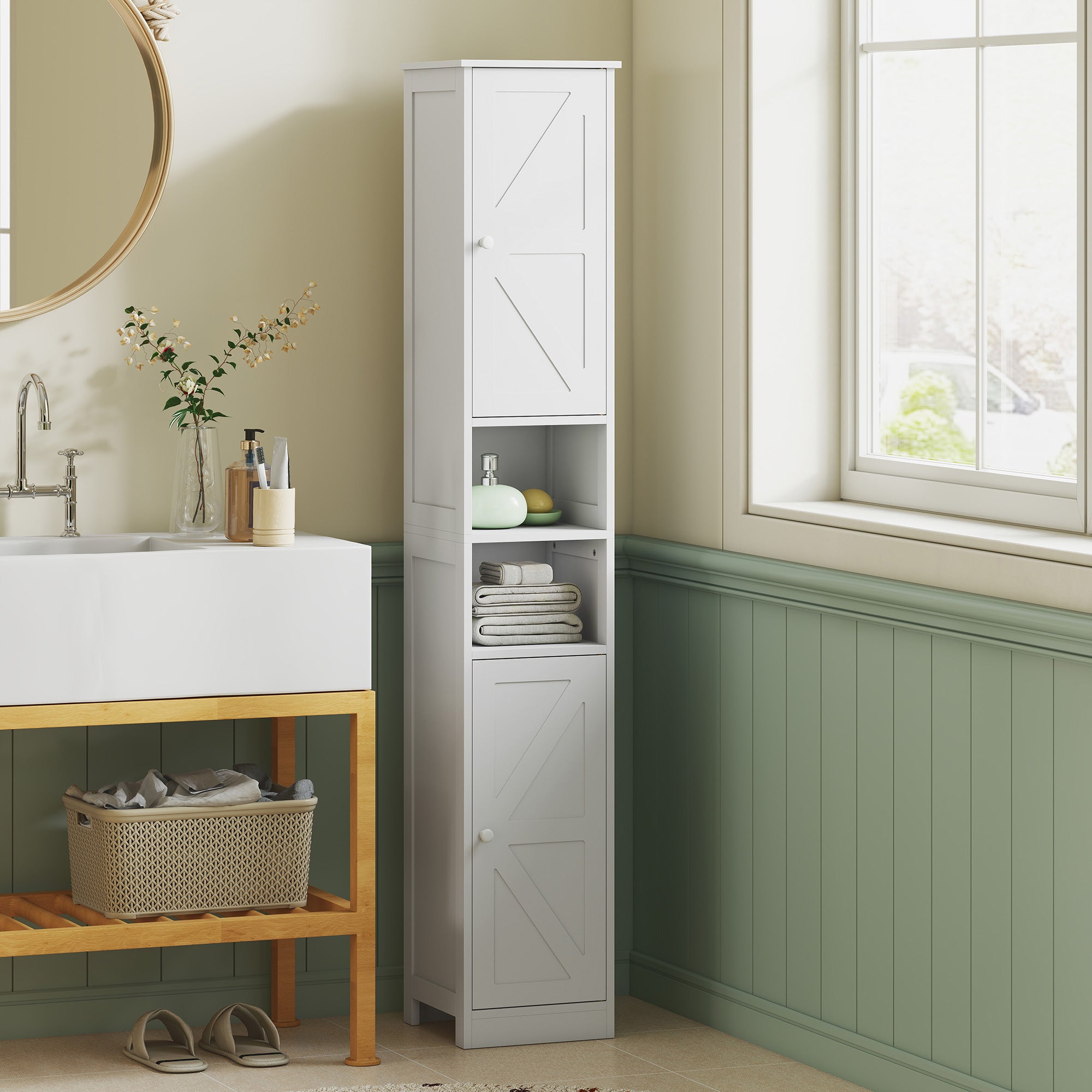 Narrow Tall Bathroom Storage Cabinet, 70" Slim Freestanding Bathroom Cabinet with Adjustable Shelves, Open Shelves and Barn Doors for Small Spaces, White