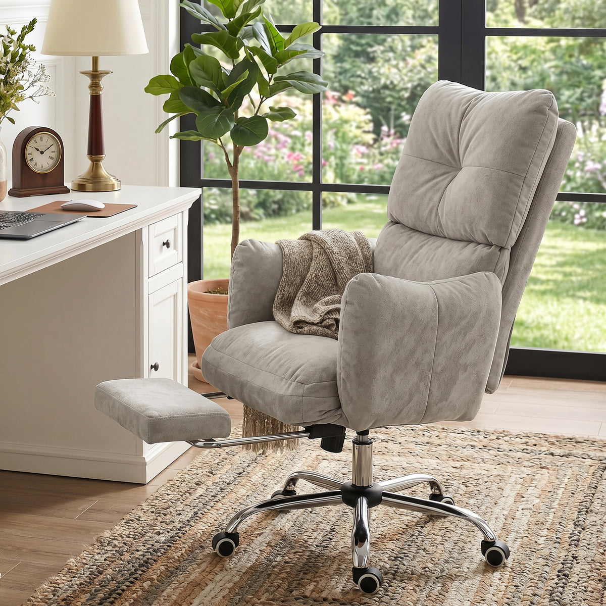 Office Chair with Foot Rest, Ergonomic Reclining Computer Gaming Chair with Snow Flannel Fabric, Thick Cushion, Padded Armrest, High Back and Adjustable Height, Light Grey