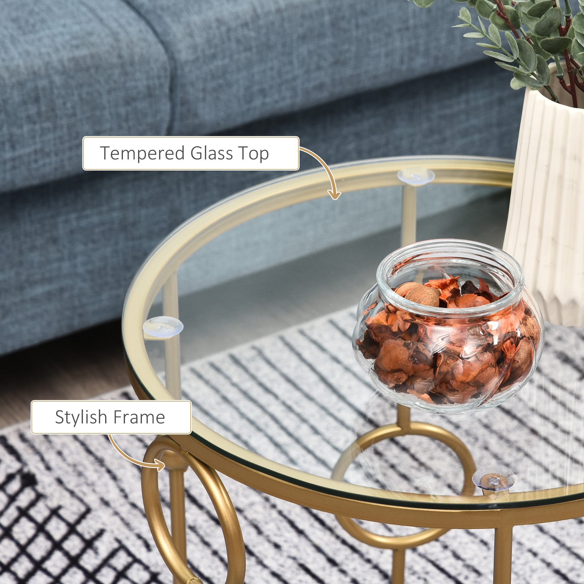 HOMCOM Round Coffee Tables Set of 2, Gold Nesting Side End Tables with Tempered Glass Top, Steel Frame for Living Room