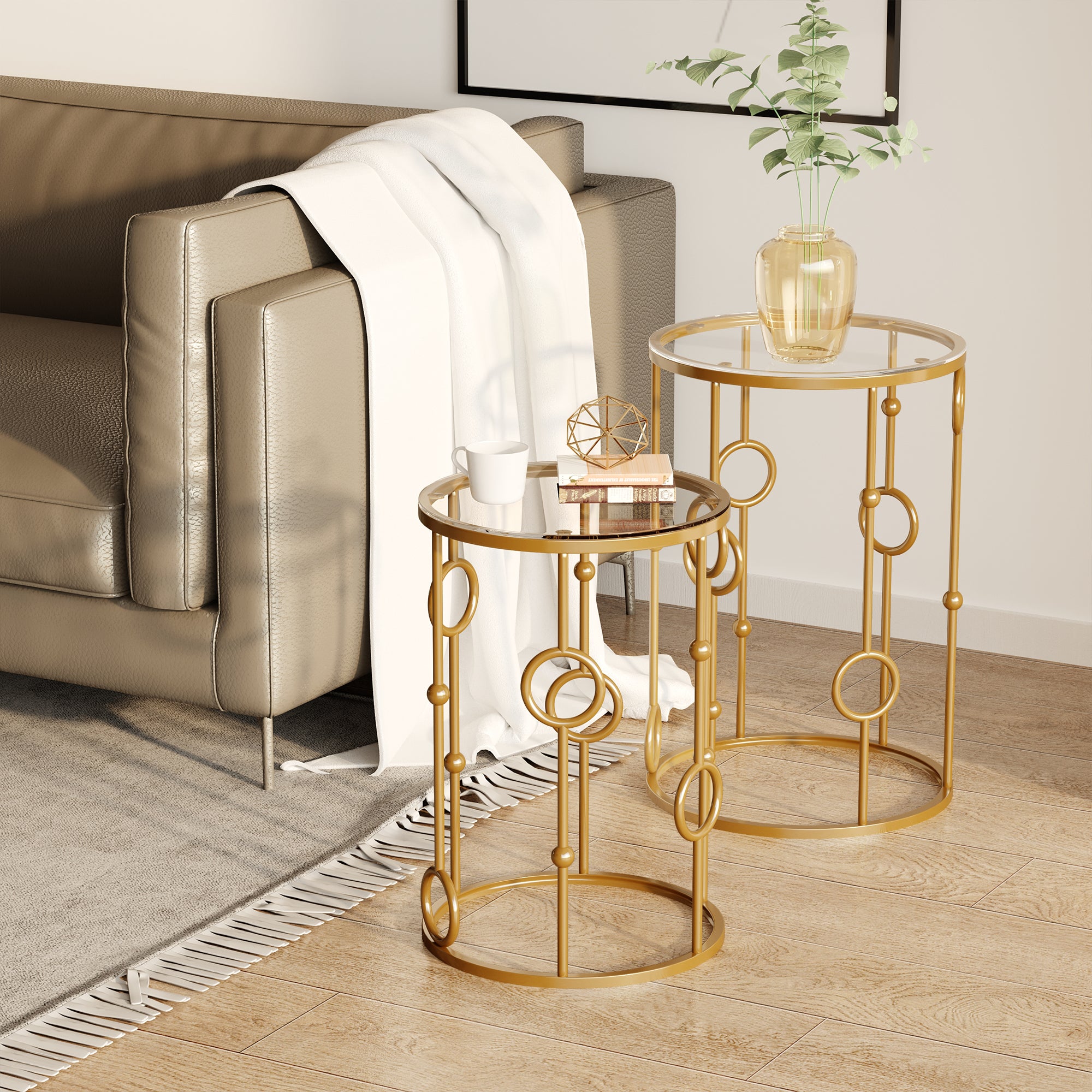 HOMCOM Round Coffee Tables Set of 2, Gold Nesting Side End Tables with Tempered Glass Top, Steel Frame for Living Room