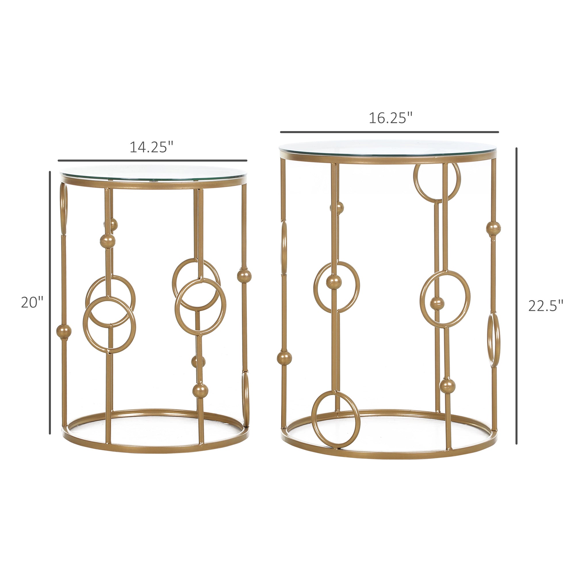 HOMCOM Round Coffee Tables Set of 2, Gold Nesting Side End Tables with Tempered Glass Top, Steel Frame for Living Room