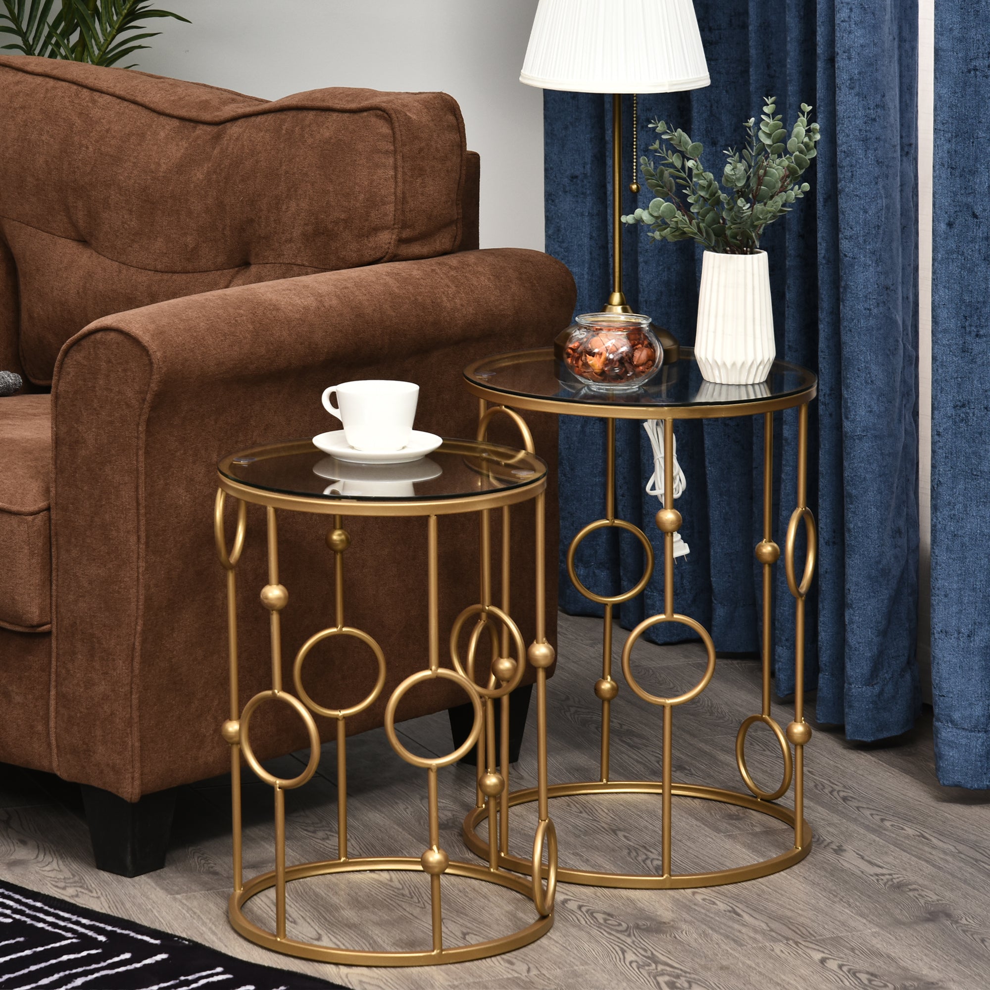 HOMCOM Round Coffee Tables Set of 2, Gold Nesting Side End Tables with Tempered Glass Top, Steel Frame for Living Room