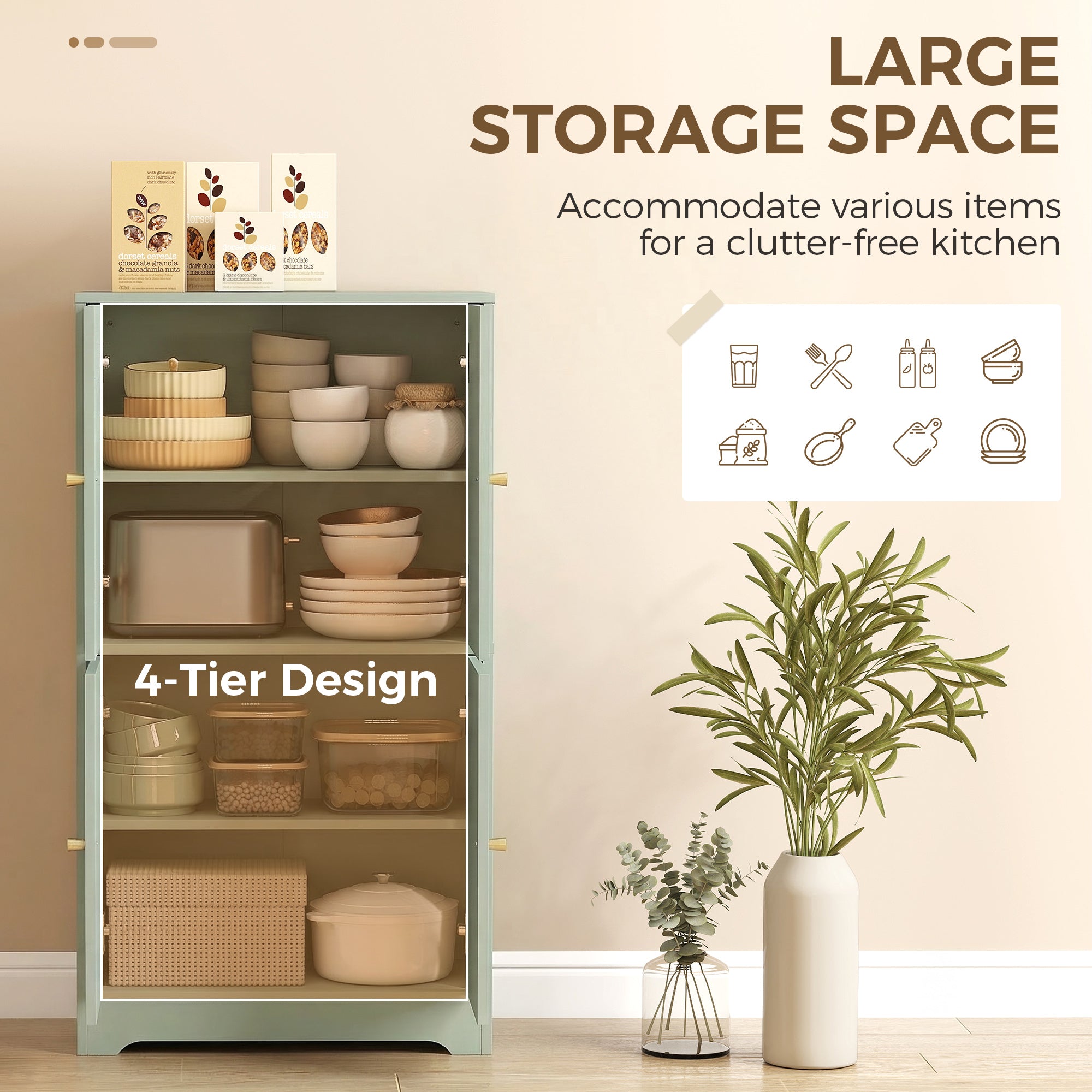 110cm Kitchen Cupboard, Freestanding Kitchen Storage Cabinet with 4 Arched Doors and 2 Adjustable Shelves, Modern Pantry Cupboard for Dining Room, Green