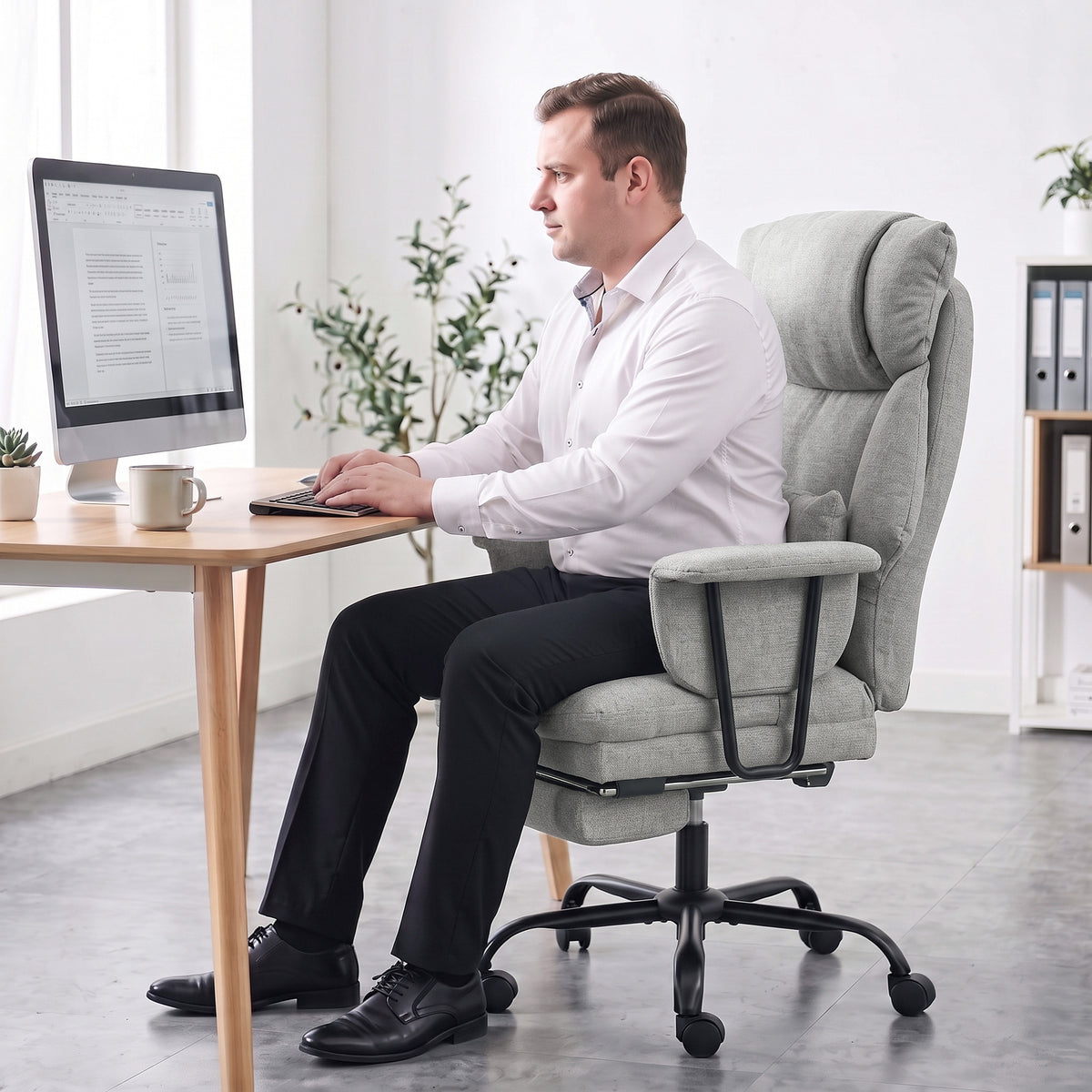 Office Chair, 180kg Heavy Duty Linen Computer Desk Chair with Lumbar Support, Wide Seat, Spring Cushion, Reclining Backrest, Footrest, Swivel Wheels, Grey