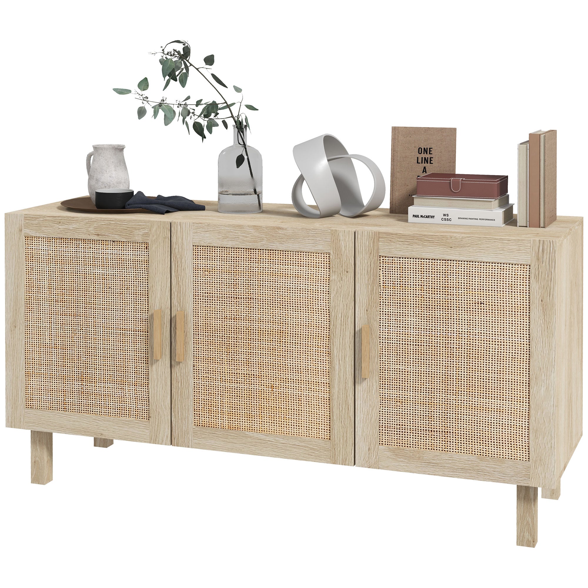 Boho Kitchen Cabinet, Buffet Cabinet with 3 Rattan Doors and Adjustable Shelves for Dining Room, Natural