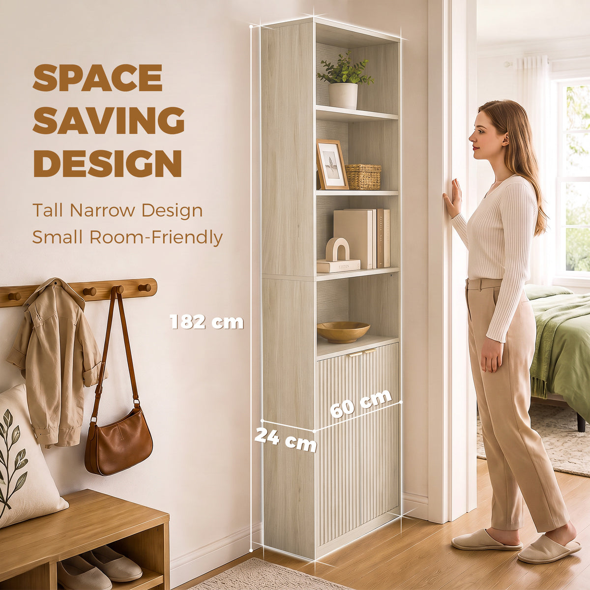Slim Bookcase, 6-Tier Tall Bookshelf, Freestanding Shelving Unit with Cabinet, Adjustable Shelf, 60 x 24 x 182 cm for Living Room, Study, Home Office, Oak Wood Effect