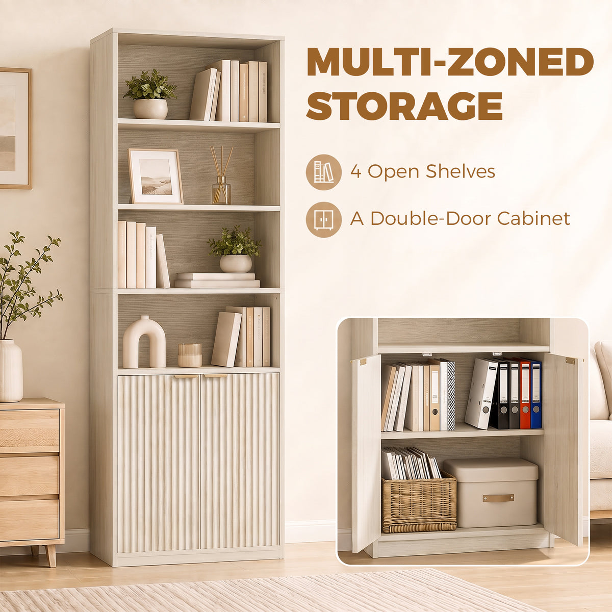 Slim Bookcase, 6-Tier Tall Bookshelf, Freestanding Shelving Unit with Cabinet, Adjustable Shelf, 60 x 24 x 182 cm for Living Room, Study, Home Office, Oak Wood Effect