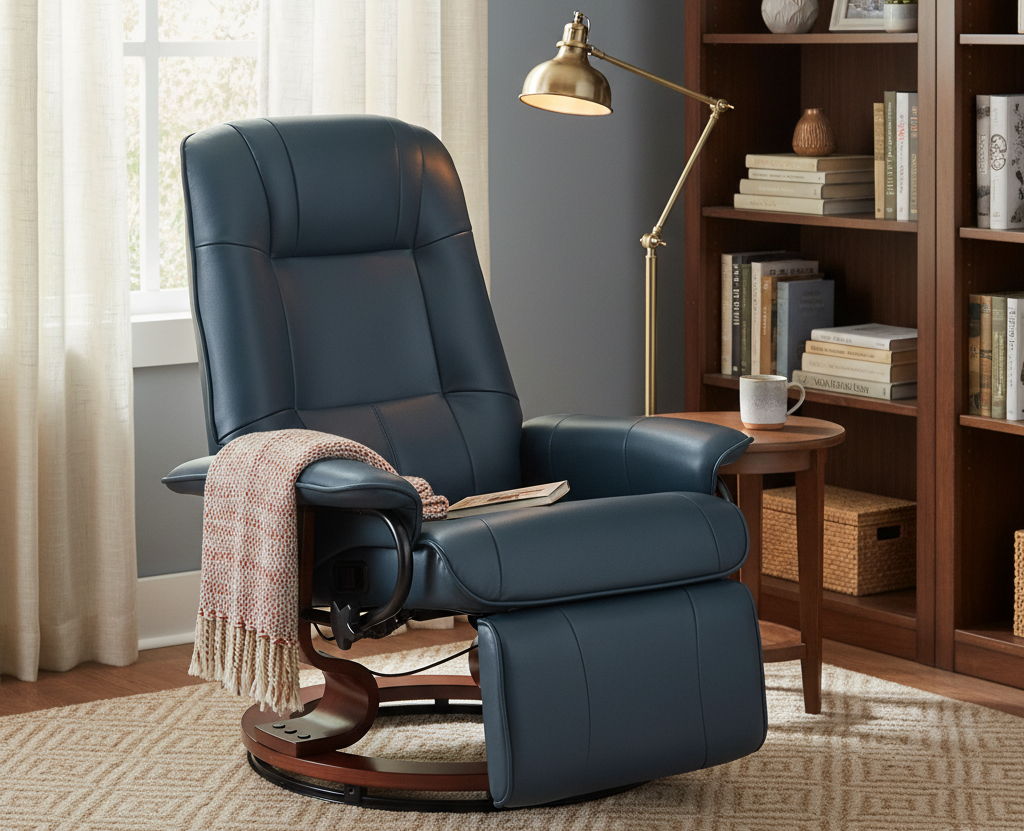 EaseRest Faux Leather Recliner Chair, Swivel Recliner w/ Footrest, Armrest & Wood Base, Blue