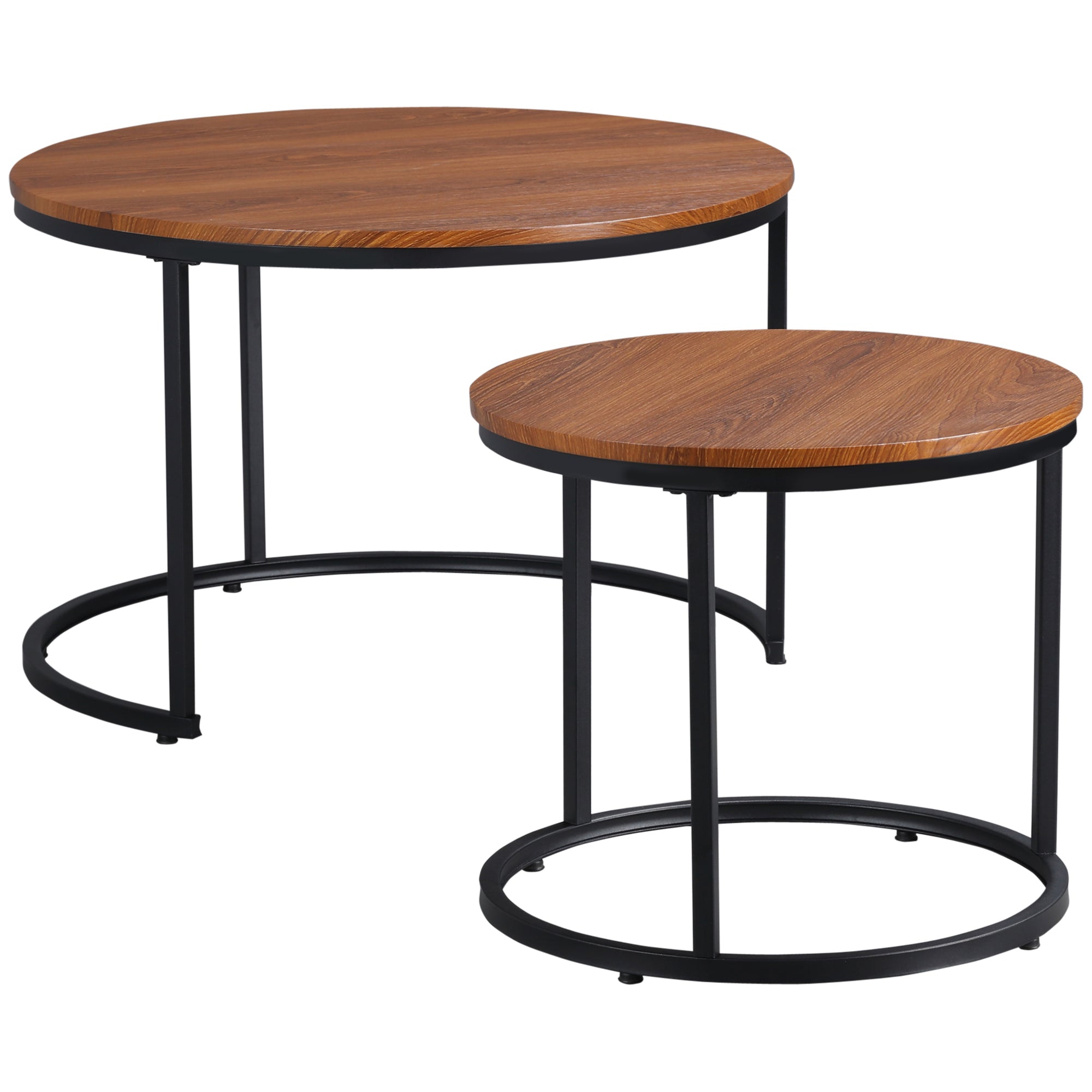 Round Nesting Tables Set of 2 Stacking Coffee Table Set with Metal Frame Dark Walnut