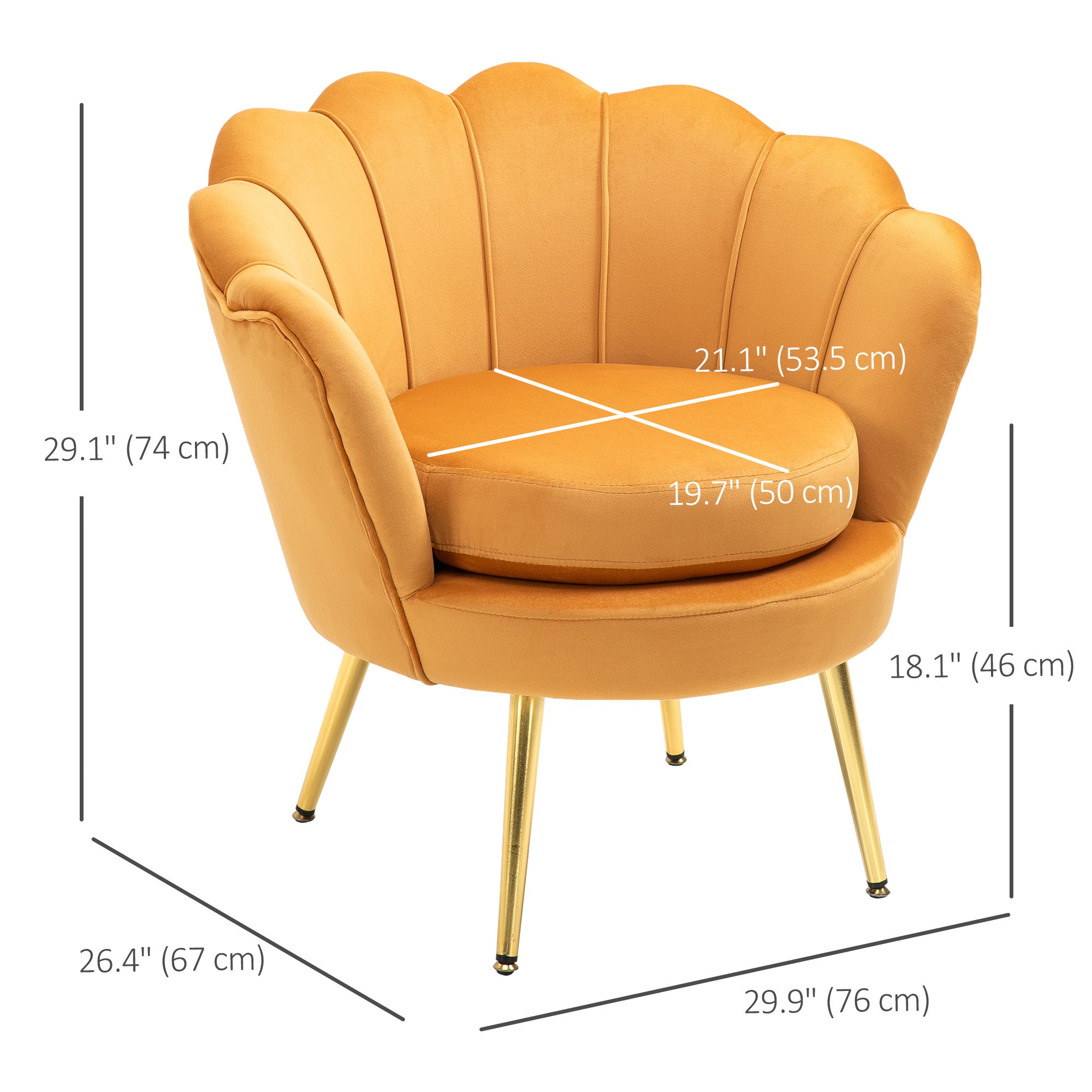 HOMCOM Modern Accent Chair, Velvet-Touch Fabric Leisure Club Chair with Gold Metal Legs for Bedroom, Yellow