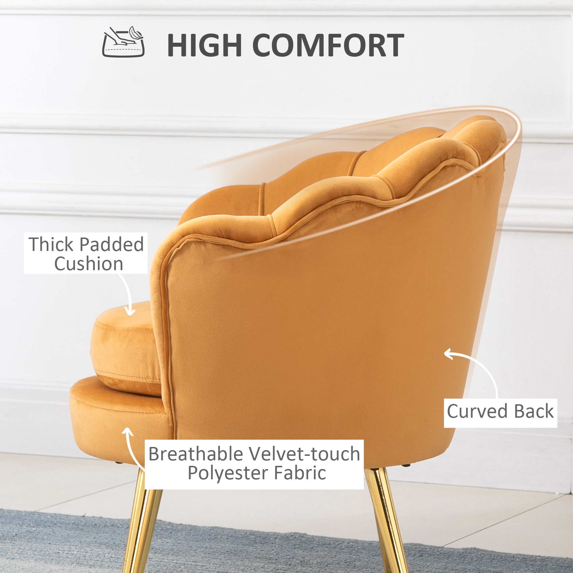 HOMCOM Modern Accent Chair, Velvet-Touch Fabric Leisure Club Chair with Gold Metal Legs for Bedroom, Yellow