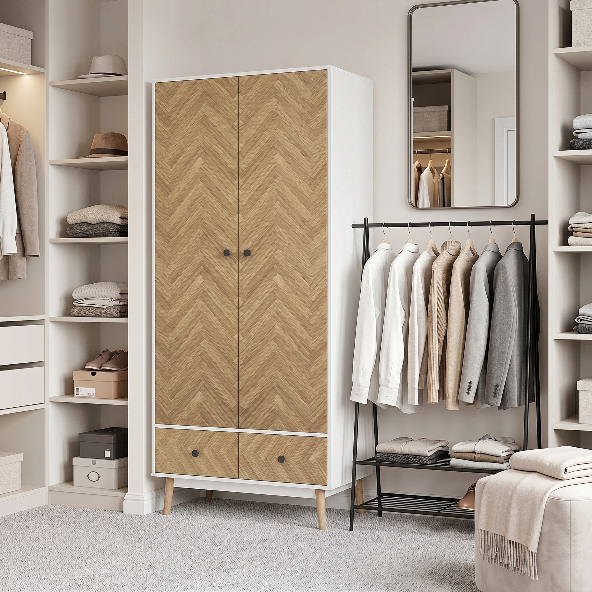 Modern Wardrobe Cabinet Wood-Effect Sticker Surface with 2 Hanging Rods, 2 Storage Shelves and 2 Drawers, 90 x 50 x 190 cm, White and Natural Wood Finish