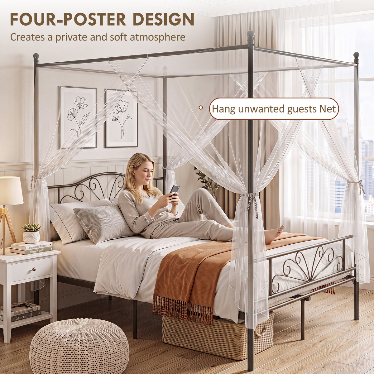 Canopy Bed Frame Double Size, Metal Platform Bed Frame with Headboard and Footboard, Underbed Storage, Heavy Duty Steel Slats Support Mattress Foundation, No Box Spring Needed, Black