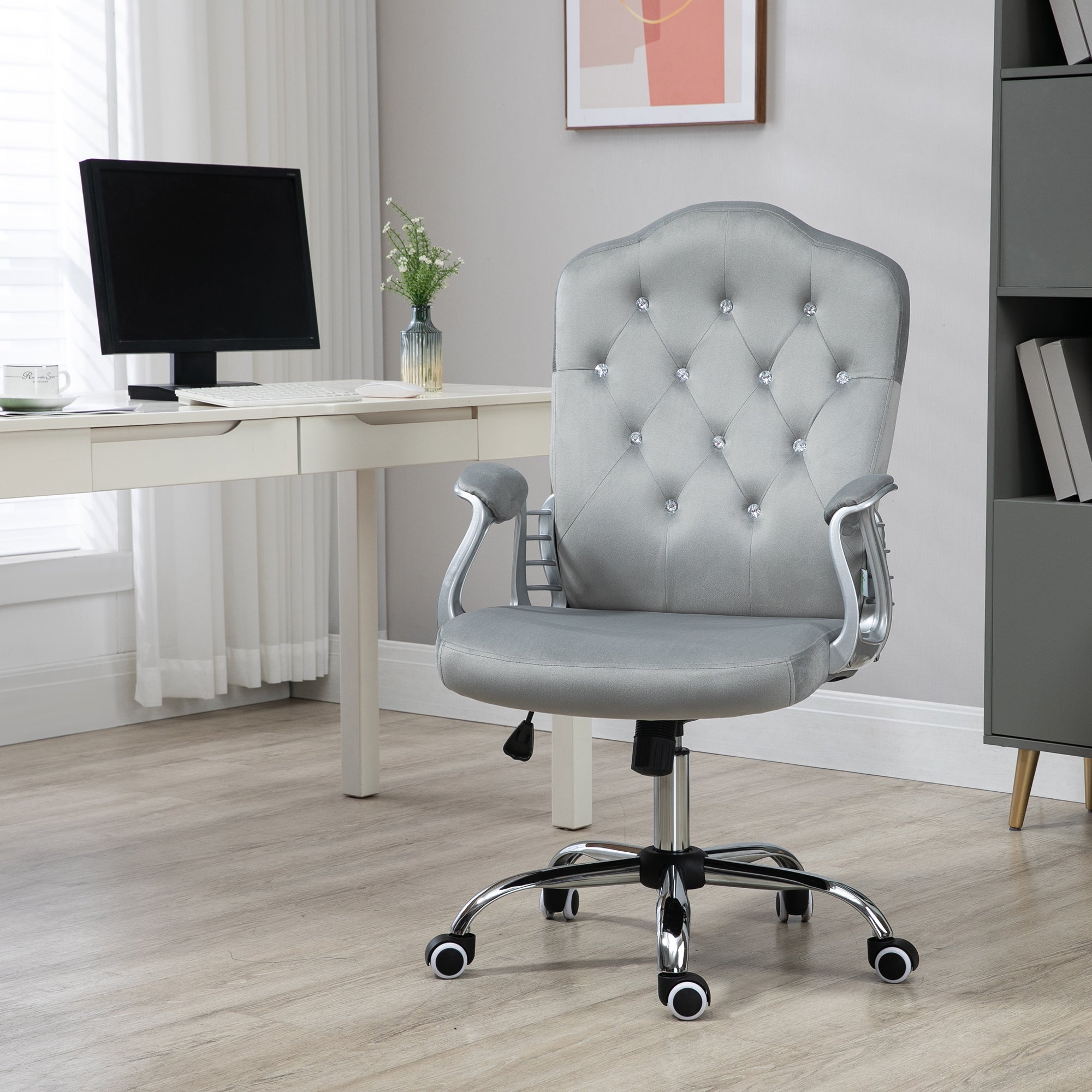 Vinsetto Office Chair, Velvet Computer Chair, Button Tufted Desk Chair with Swivel Wheels, Adjustable Height, Tilt Function, Grey