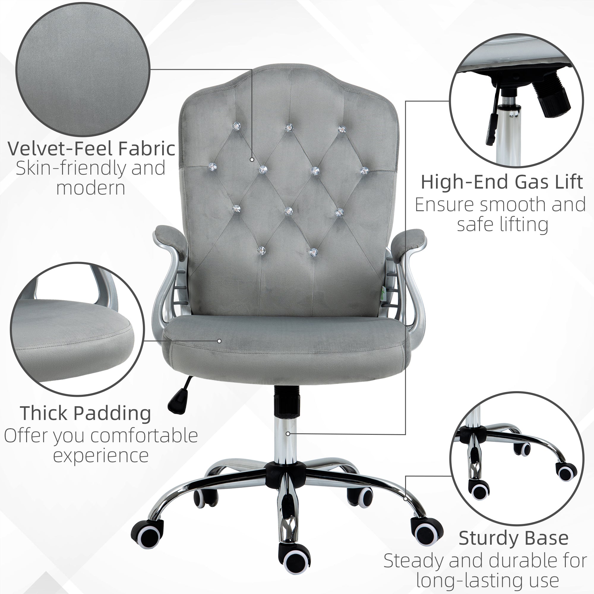 Vinsetto Office Chair, Velvet Computer Chair, Button Tufted Desk Chair with Swivel Wheels, Adjustable Height, Tilt Function, Grey