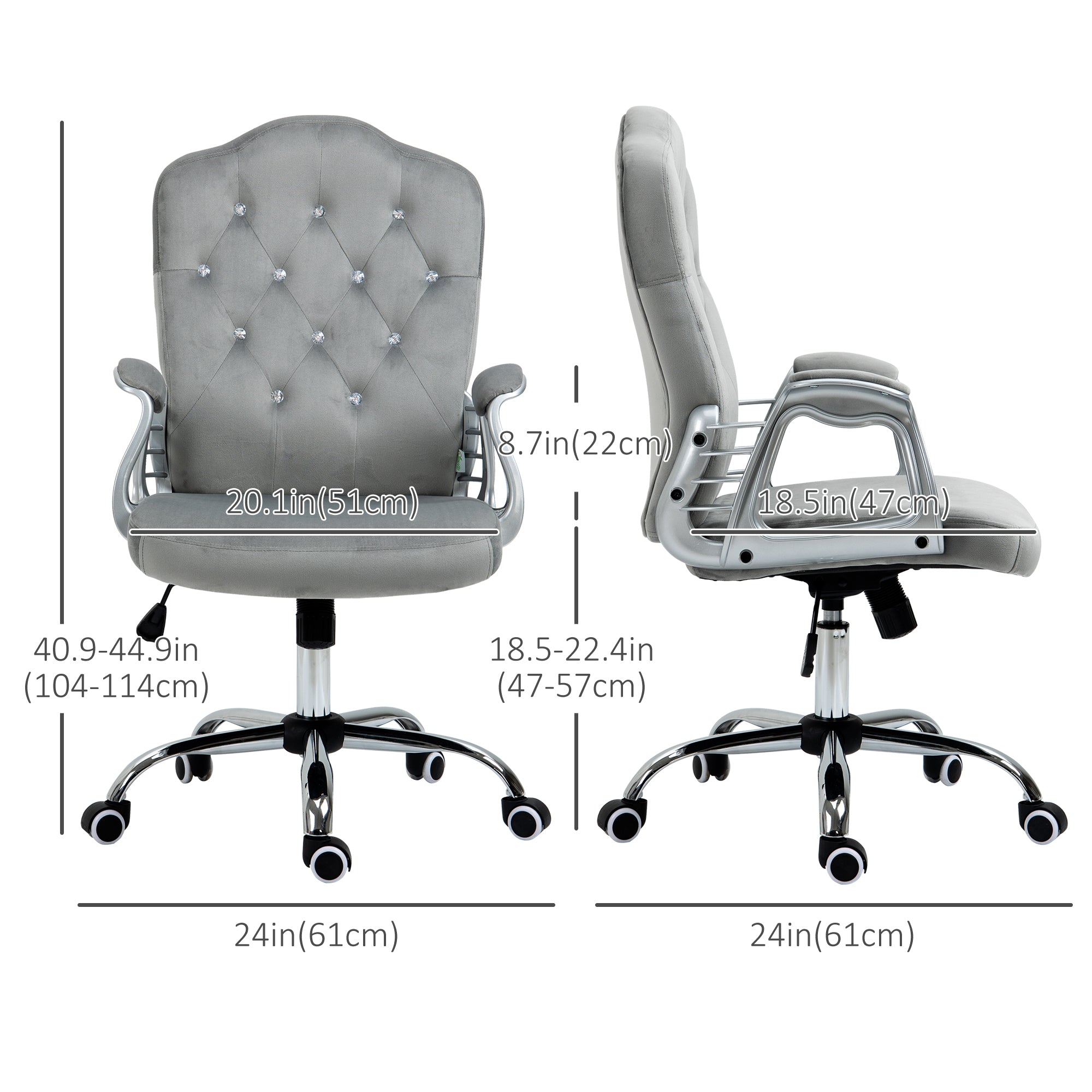 Vinsetto Office Chair, Velvet Computer Chair, Button Tufted Desk Chair with Swivel Wheels, Adjustable Height, Tilt Function, Grey