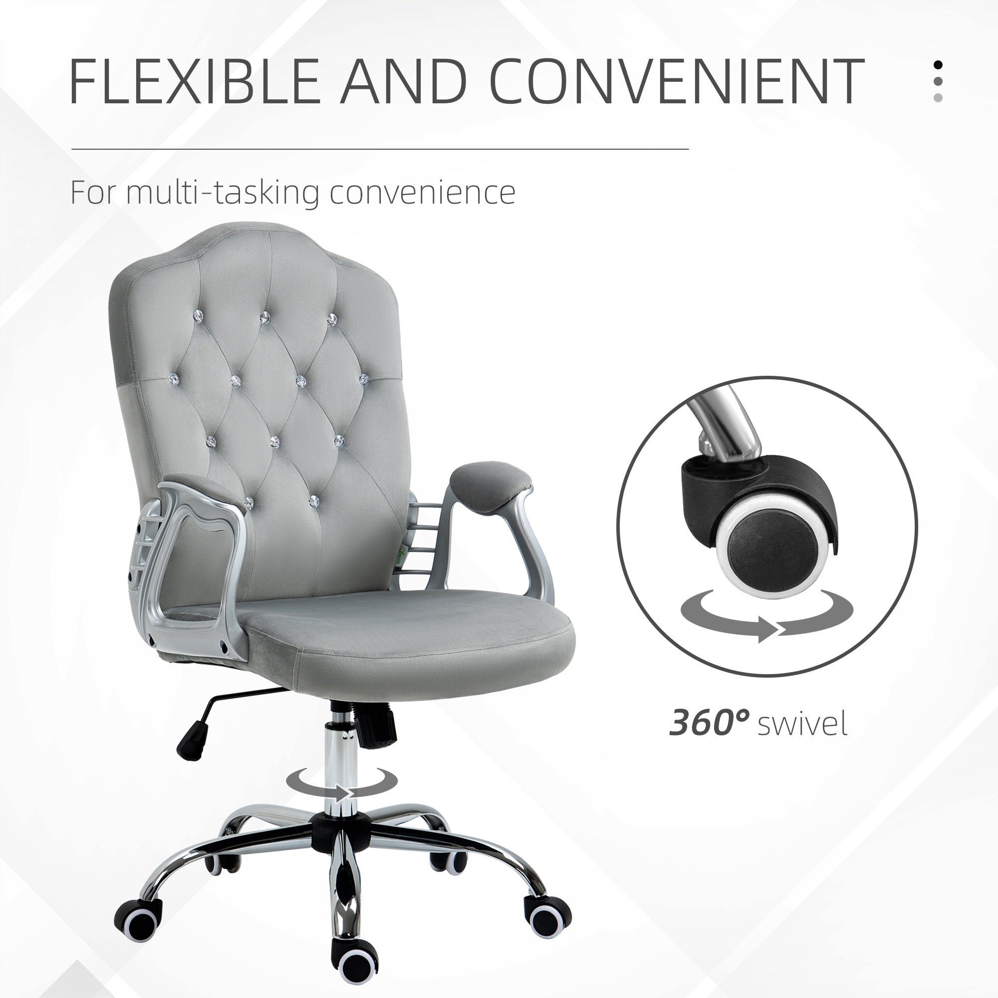 Vinsetto Office Chair, Velvet Computer Chair, Button Tufted Desk Chair with Swivel Wheels, Adjustable Height, Tilt Function, Grey