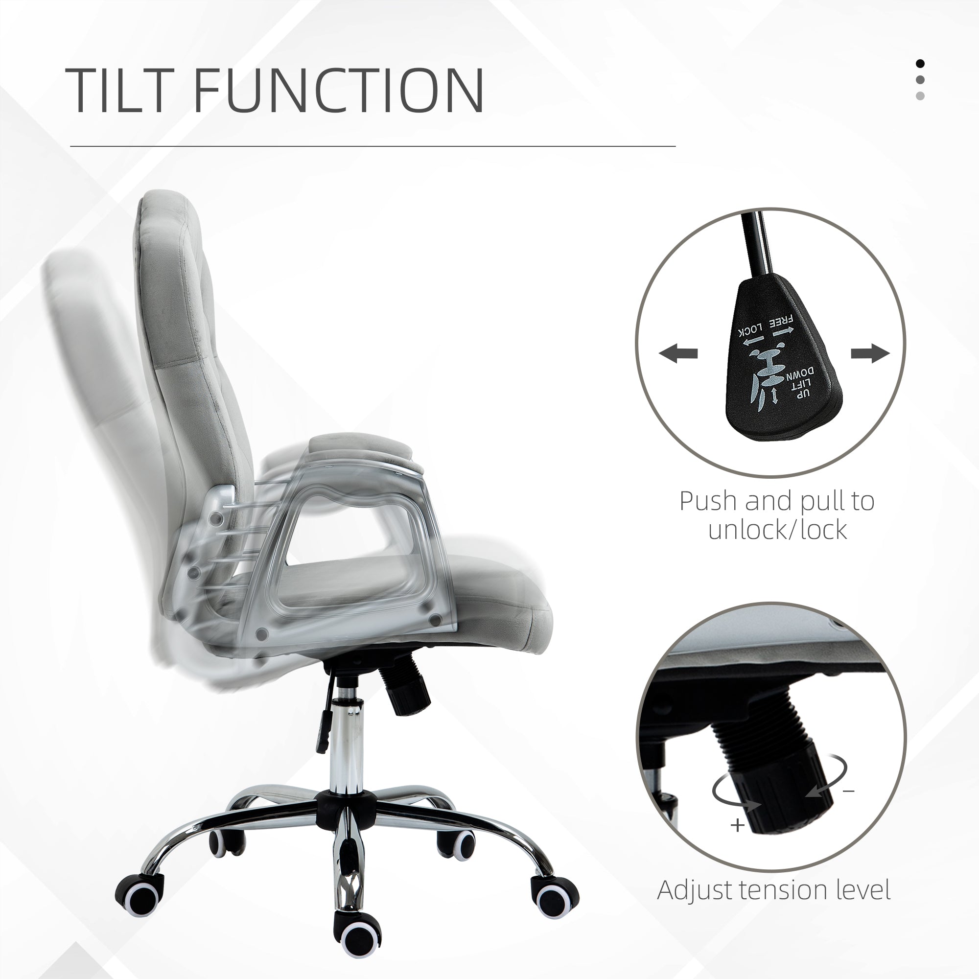 Vinsetto Office Chair, Velvet Computer Chair, Button Tufted Desk Chair with Swivel Wheels, Adjustable Height, Tilt Function, Grey