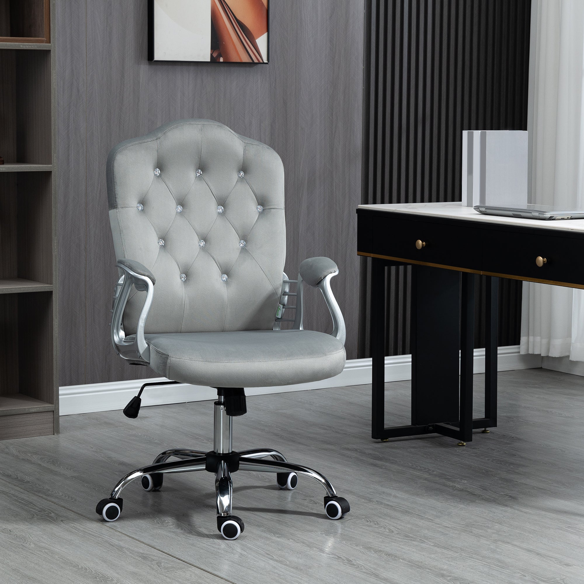 Vinsetto Office Chair, Velvet Computer Chair, Button Tufted Desk Chair with Swivel Wheels, Adjustable Height, Tilt Function, Grey