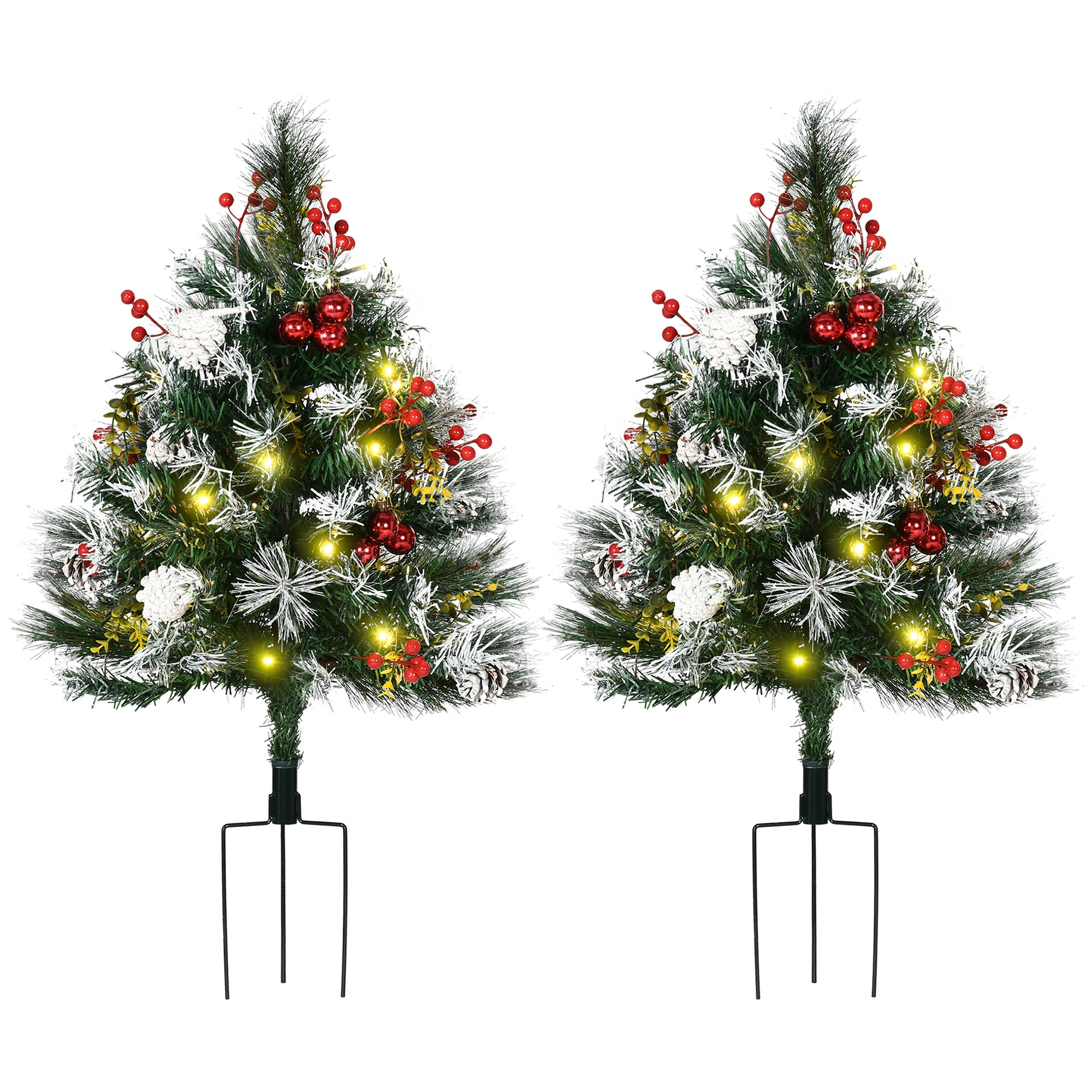 2.5 Ft/30" 2 Pack Outdoor Entryway Pre-Lit Artificial Christmas Tree Cordless with 70 Branches, Warm White LED lights, Red Berries, Pine Cones, Balls, Green