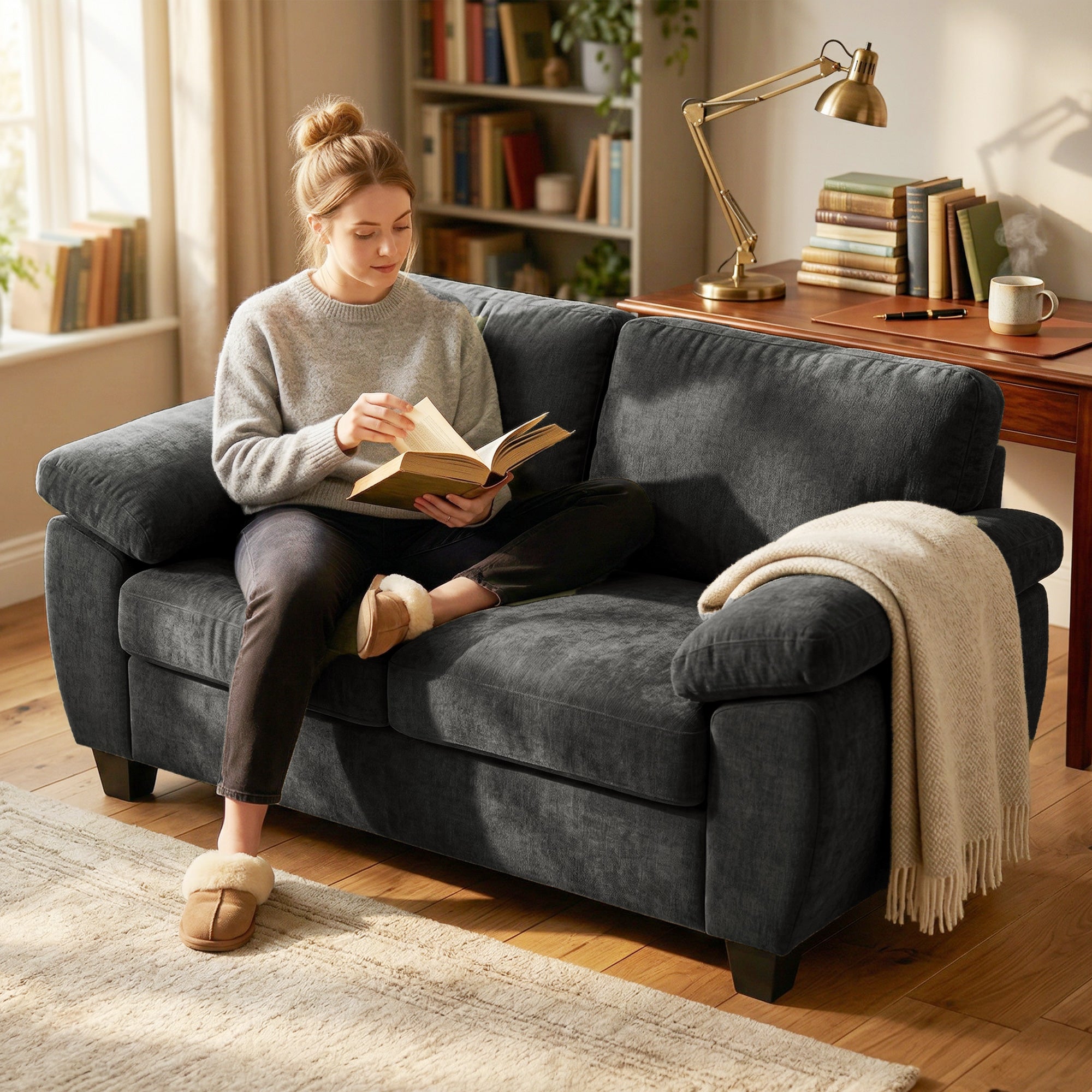 2 Seater Sofa, 156cm Chenille Loveseat Sofa with Thick Spring Cushions, Wide Padded Armrests, Couch Settee for Small Space, Living Room, Bedroom, Home Office, 300KG Capacity, Dark Grey