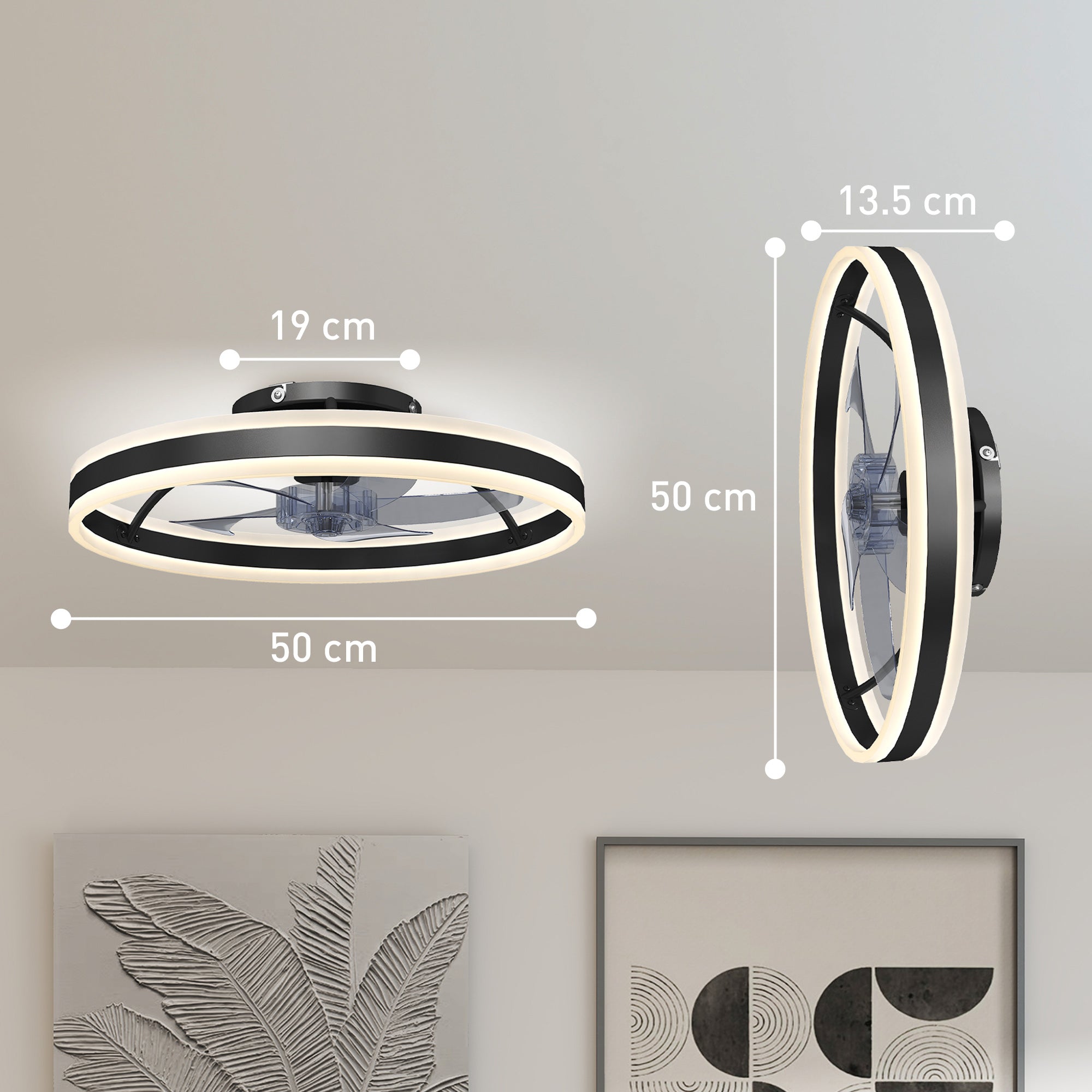 Ceiling Fans with Lights and Remote & App Control, 50 cm Modern LED Ceiling Fan Light with 3 Colour Temperatures, 6 Speed, Dimmable, Timer Quiet Reversible DC Motor, for Bedroom, Study, Black