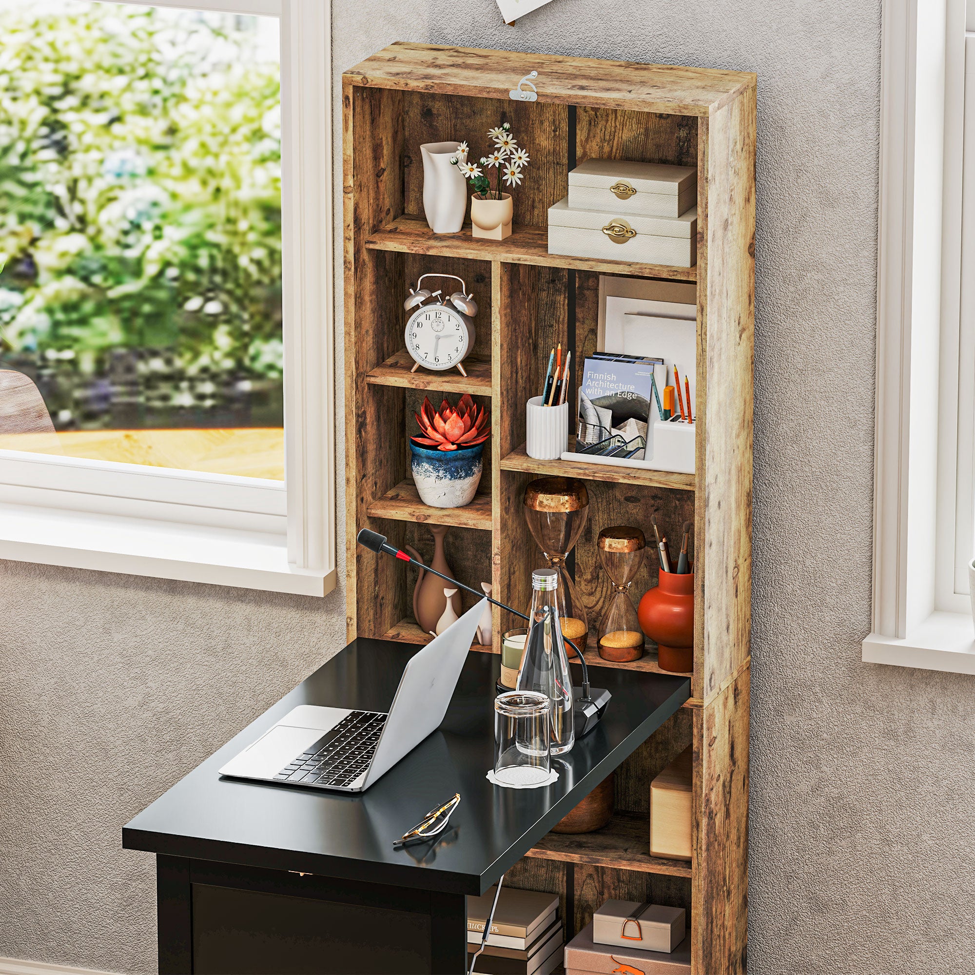 HOMCOM Wall Mounted Computer Desk, Folding Study Table with Black Board and Bookshelf, Multifunctional Floating Writing Desk for Home Office, Rustic Brown