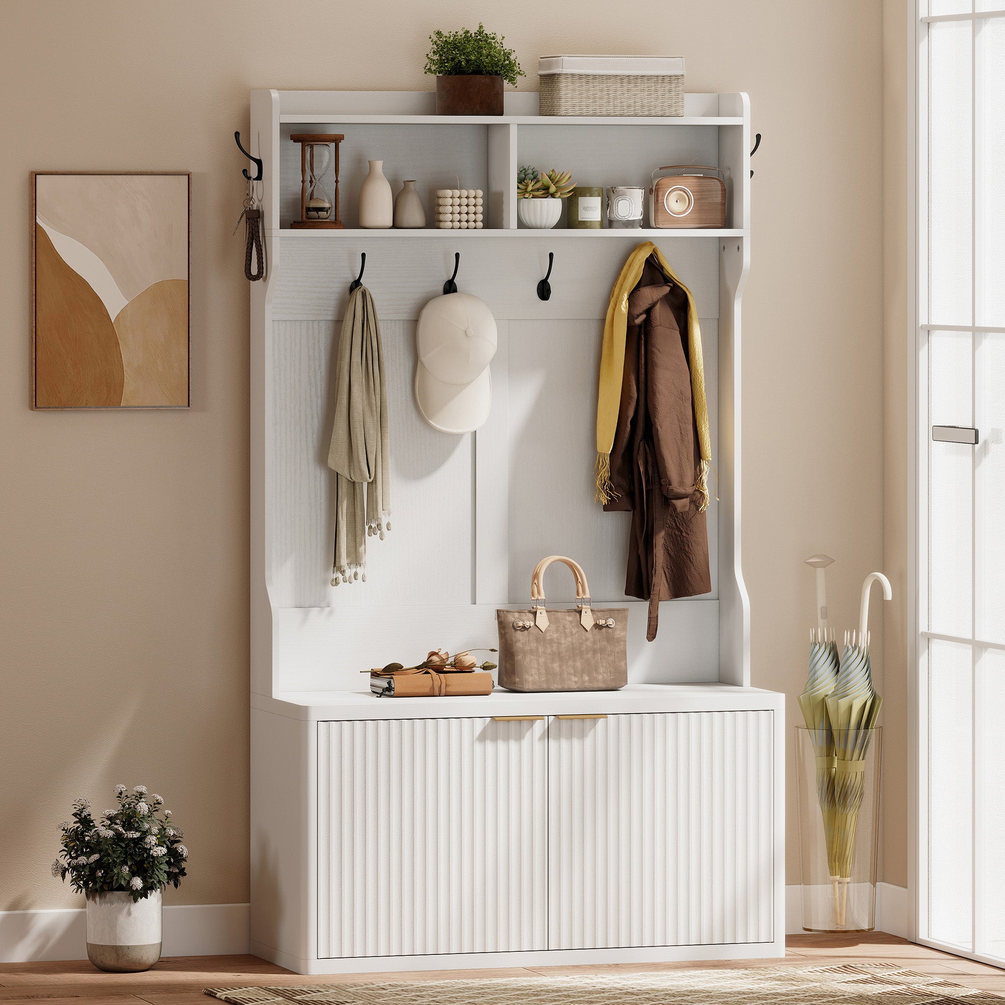 4-In-1 Hall Tree with Shoe Bench, Modern Coat Rack with Shoe Rack and Open Shelf for Hallway, Entryway, Bedroom, Living Room, White