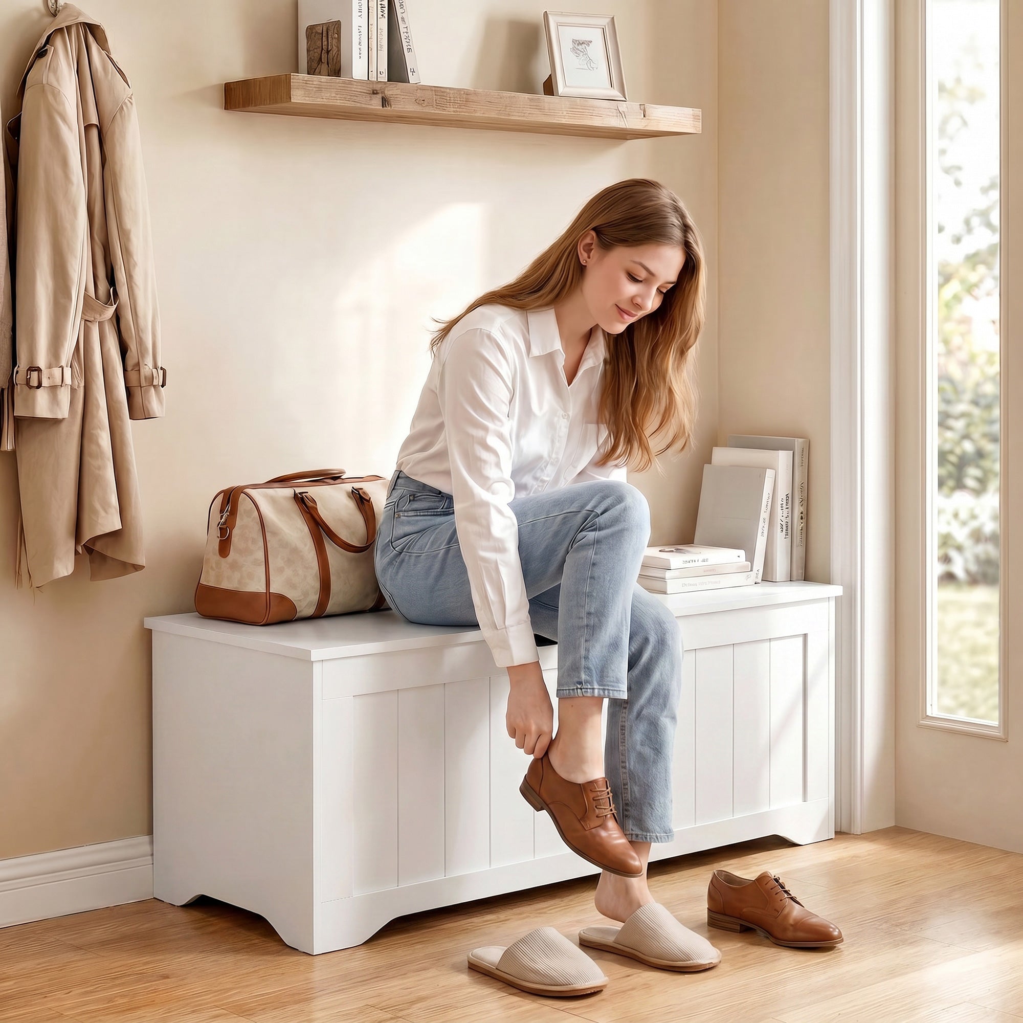 Storage Chest, Modern Storage Trunk with 2 Safety Hinges and Handle-Free Design, Storage Bench for Living Room, Shoe Bench for Entryway, 39.4" x 15.7" x 17.7", White
