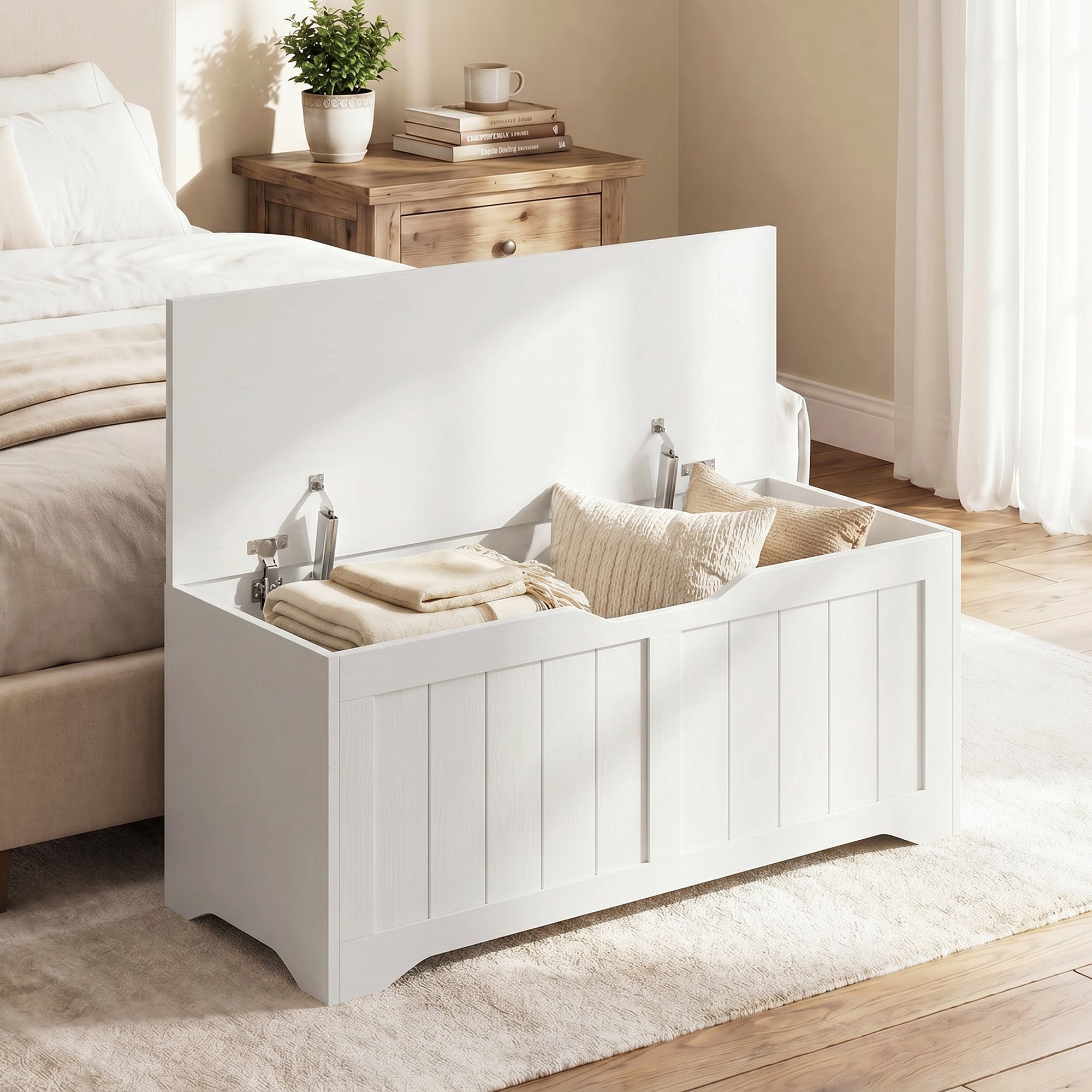 Storage Chest, Modern Storage Trunk with 2 Safety Hinges and Handle-Free Design, Storage Bench for Living Room, Shoe Bench for Entryway, 39.4" x 15.7" x 17.7", White