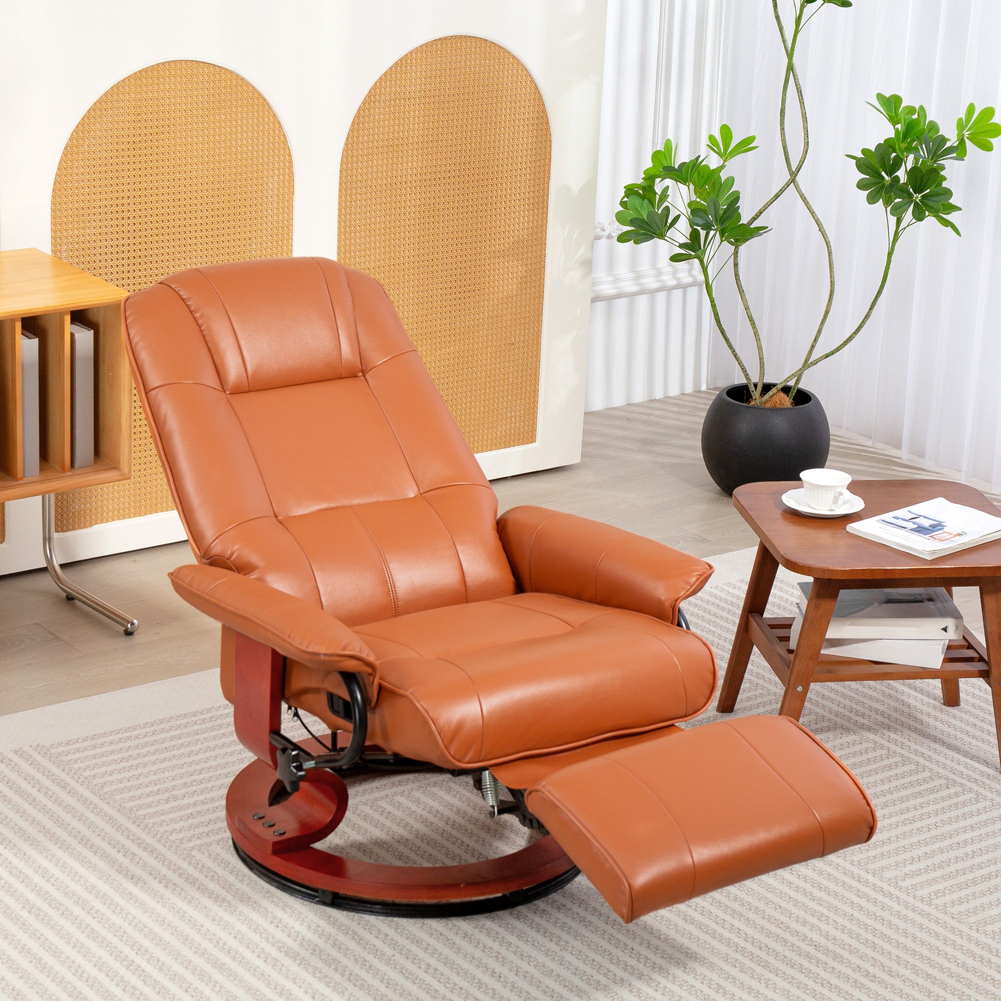 Faux Leather Manual Recliner, Adjustable Swivel Lounge Chair with Footrest, Armrest and Wrapped Wood Base for Living Room, Light Brown