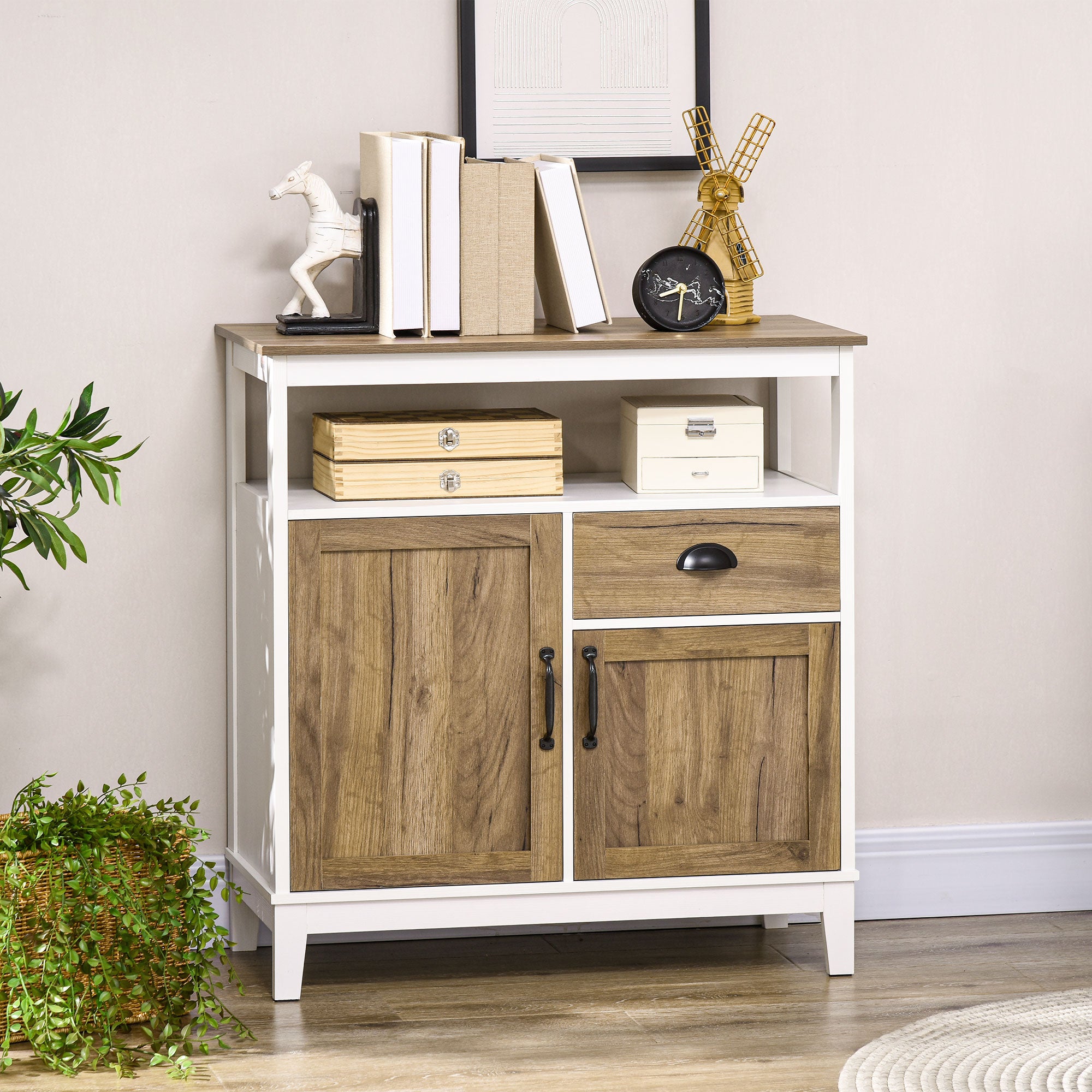 HOMCOM Buffet Cabinet, Farmhouse Storage Cabinet, Freestanding Sideboard with Doors, Drawer and Open Shelf, Brown Oak